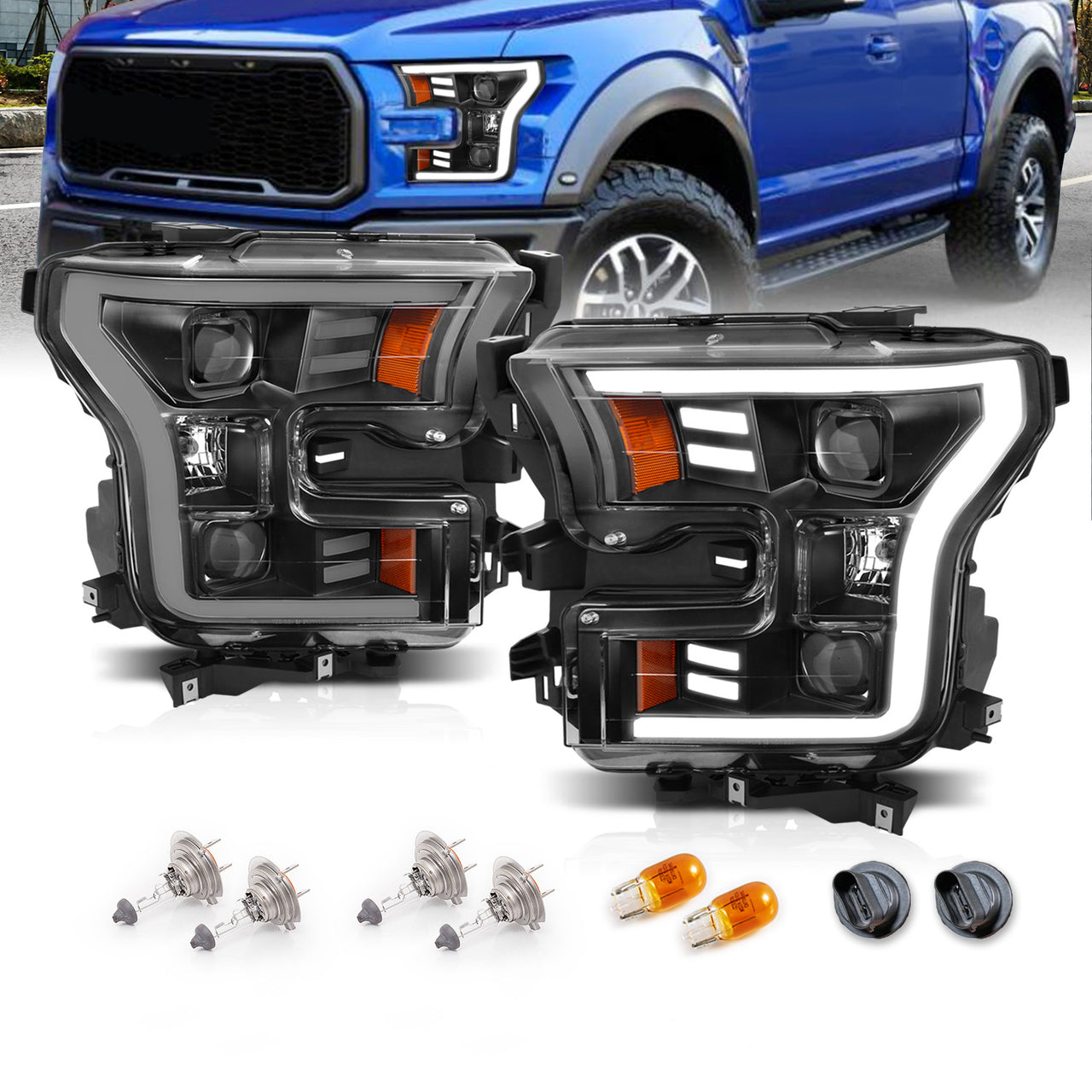 FORD F-150 15-17 PROJECTOR LIGHT BAR STYLE HEADLIGHTS G3 BLACK AMBER