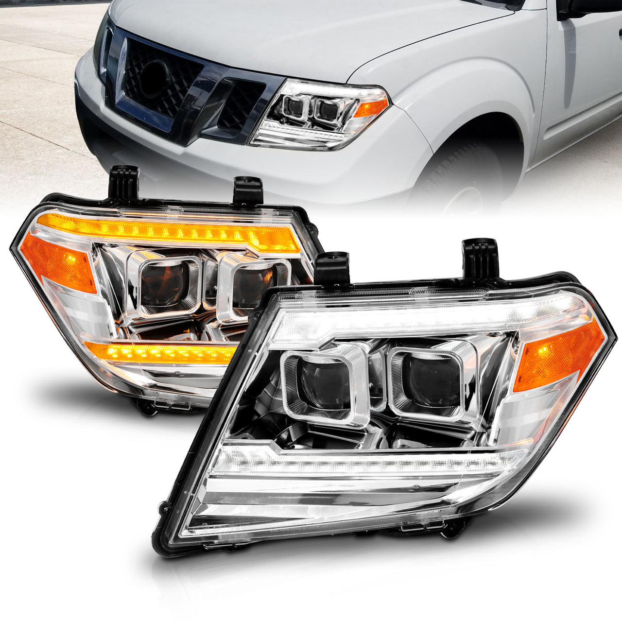 NISSAN FRONTIER 09-20 PROJECTOR LIGHT K嚙瘡EADLIGHTS CHROME SEQUENTIAL LIGHT BAR (W/ DRL)