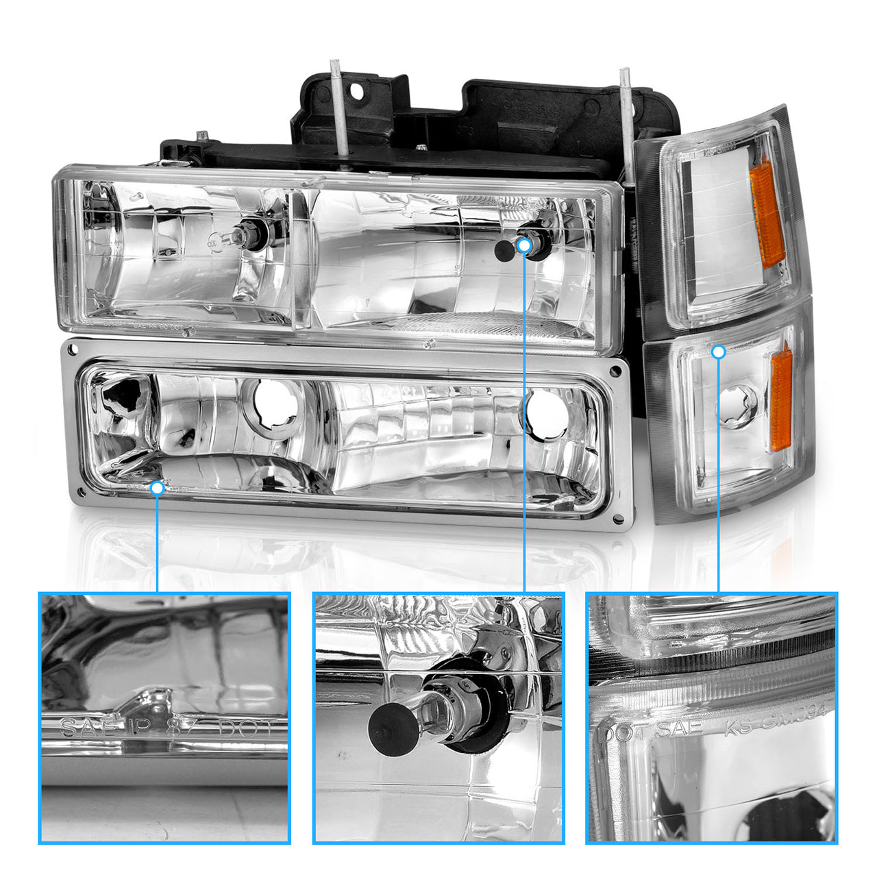 CHEVY CK / C10 /SILVERADO/ TAHOE / SUBURBAN/BLAZER 94-98 CRYSTAL HEADLIGHTS CHROME W/ SIGNAL & SIDE MARKERS AMBER (8PCS)