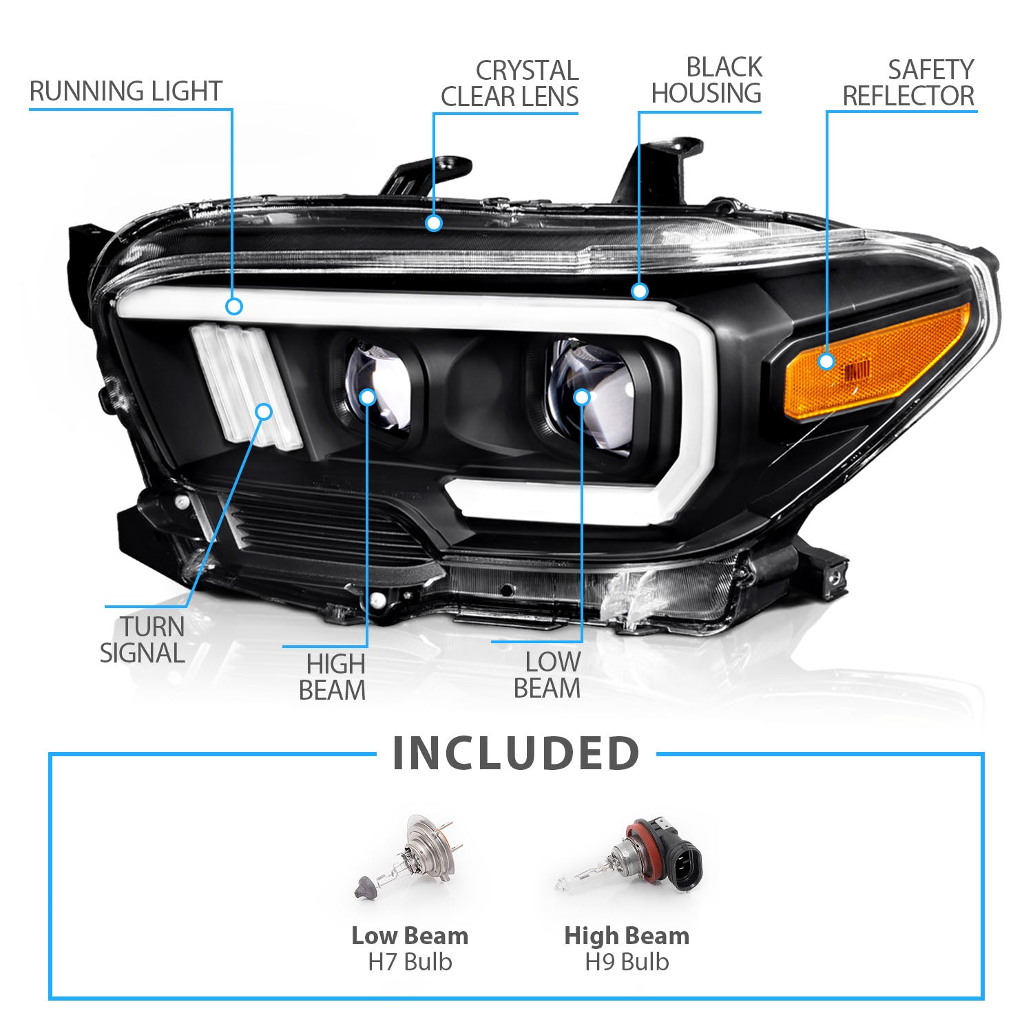TOYOTA TACOMA 16-23 PROJECTOR LIGHT BAR STYLE SWITCHBACK HEADLIGHTS BLACK AMBER