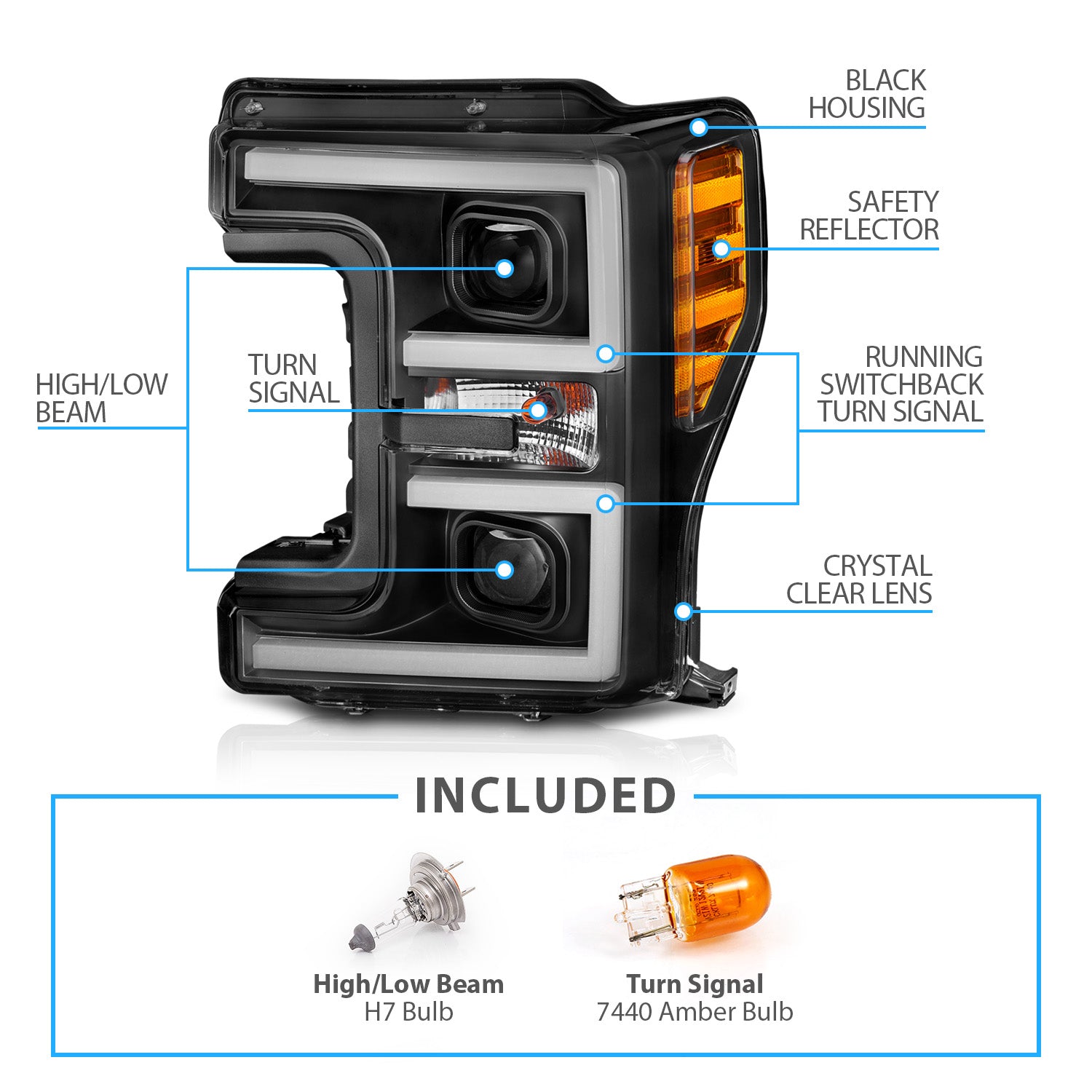FORD F-250/F350/F450 17 UP PROJECTOR LIGHT BAR STYLE SWITCHBACK HEADLIGHTS BLACK AMBER