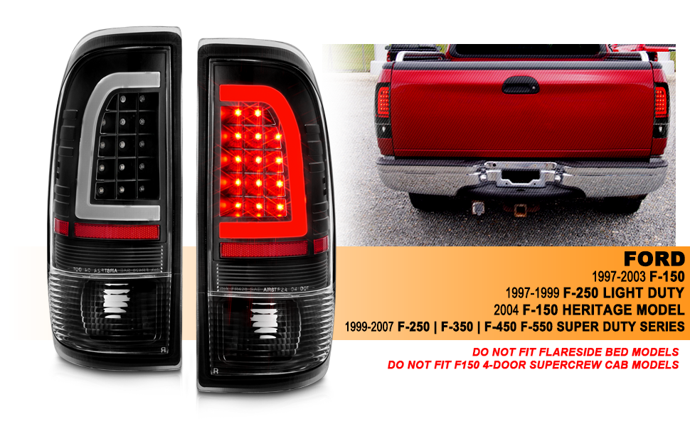 FORD F-150/F250 97-04 STYLESIDE/SUPER DUTY 99-07 LED TAIL LIGHTS BLACK HOUSING CLEAR LENS W/ C LIGHT BAR