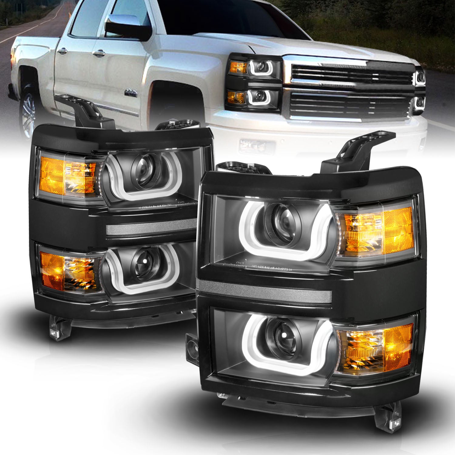CHEVY SILVERADO 14 PROJECTOR U-BAR STYLE HEADLIGHTS BLACK W/ BLACK TRIM AMBER