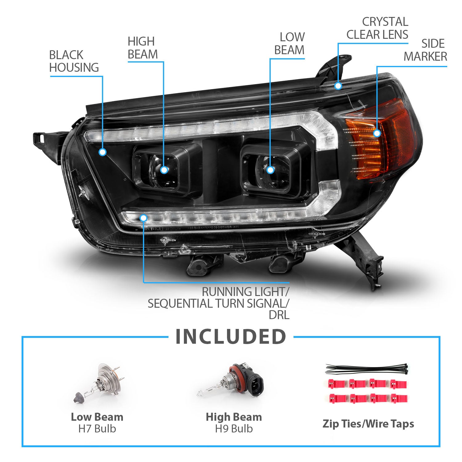 TOYOTA 4 RUNNER 10-13 HEAD LIGHTS BLACK HOUSING CLEAR LENS SEQUENTIAL LIGHT BAR W/DRL