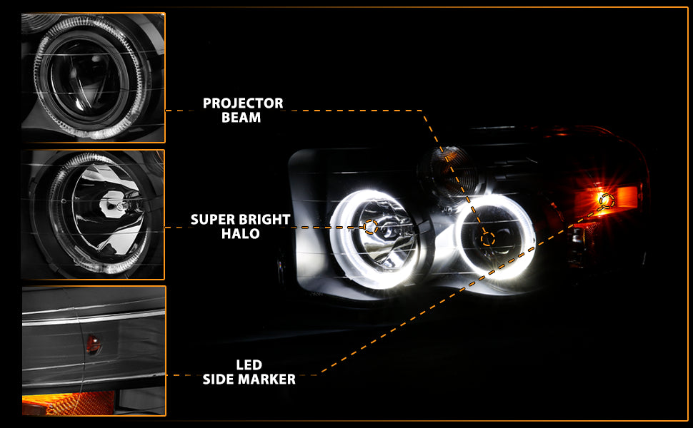 DODGE RAM 1500 02-05 - 2500/3500 03-05 PROJECTOR H.L WHITE PLUS LED HALO BLACK CLEAR AMBER