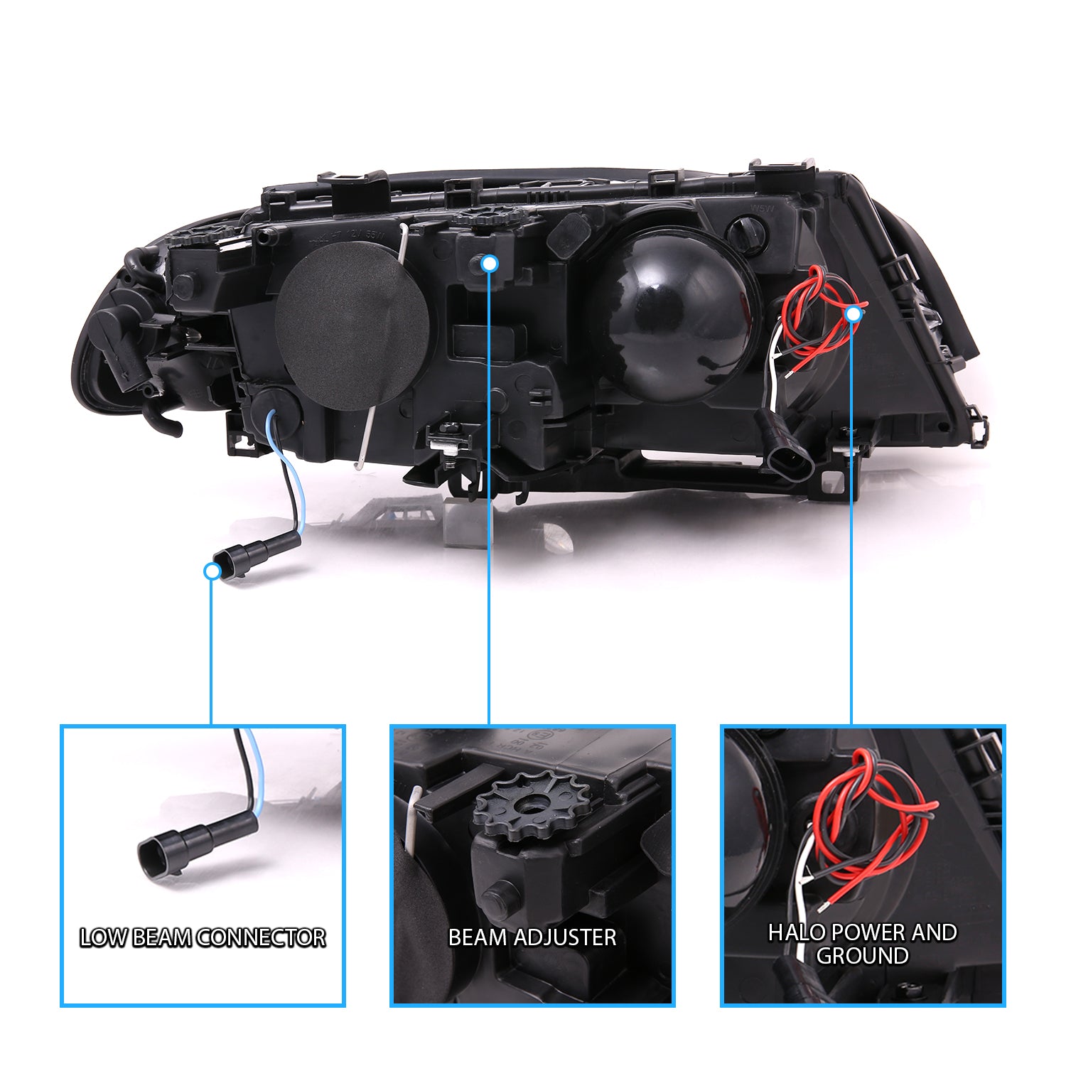 BMW 3 SERIES E46 (M3) 99-01 2DR PROJECTOR HEADLIGHTS W/ CORNER LIGHTS HALO BLACK CLEAR