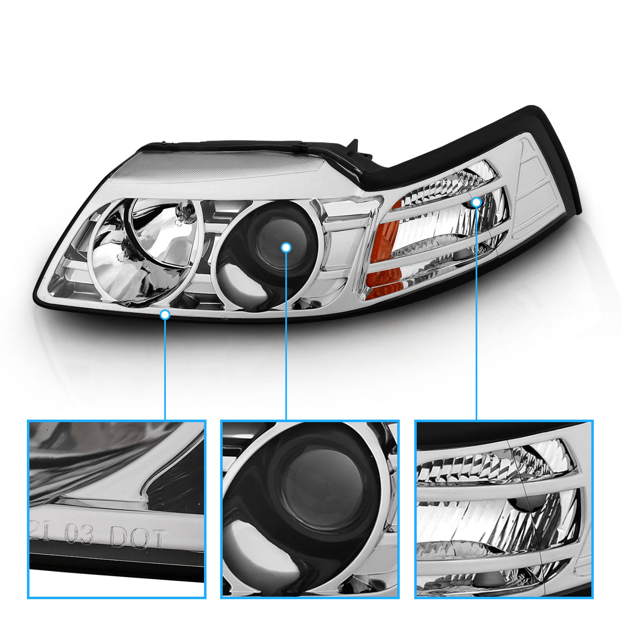 FORD MUSTANG 99-04 PROJECTOR HEADLIGHTS CHROME CLEAR AMBER