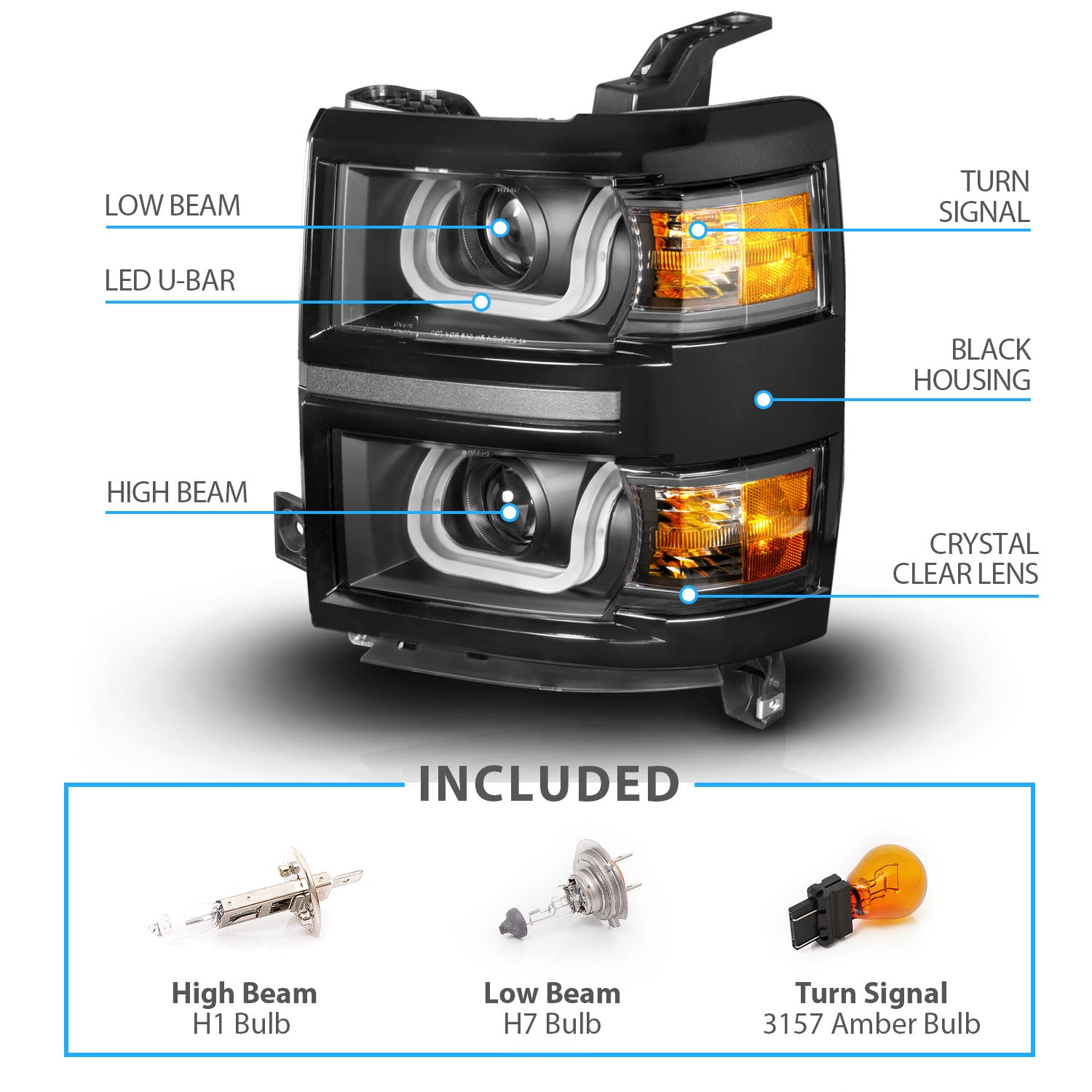 CHEVY SILVERADO 14 PROJECTOR U-BAR STYLE HEADLIGHTS BLACK W/ BLACK TRIM AMBER