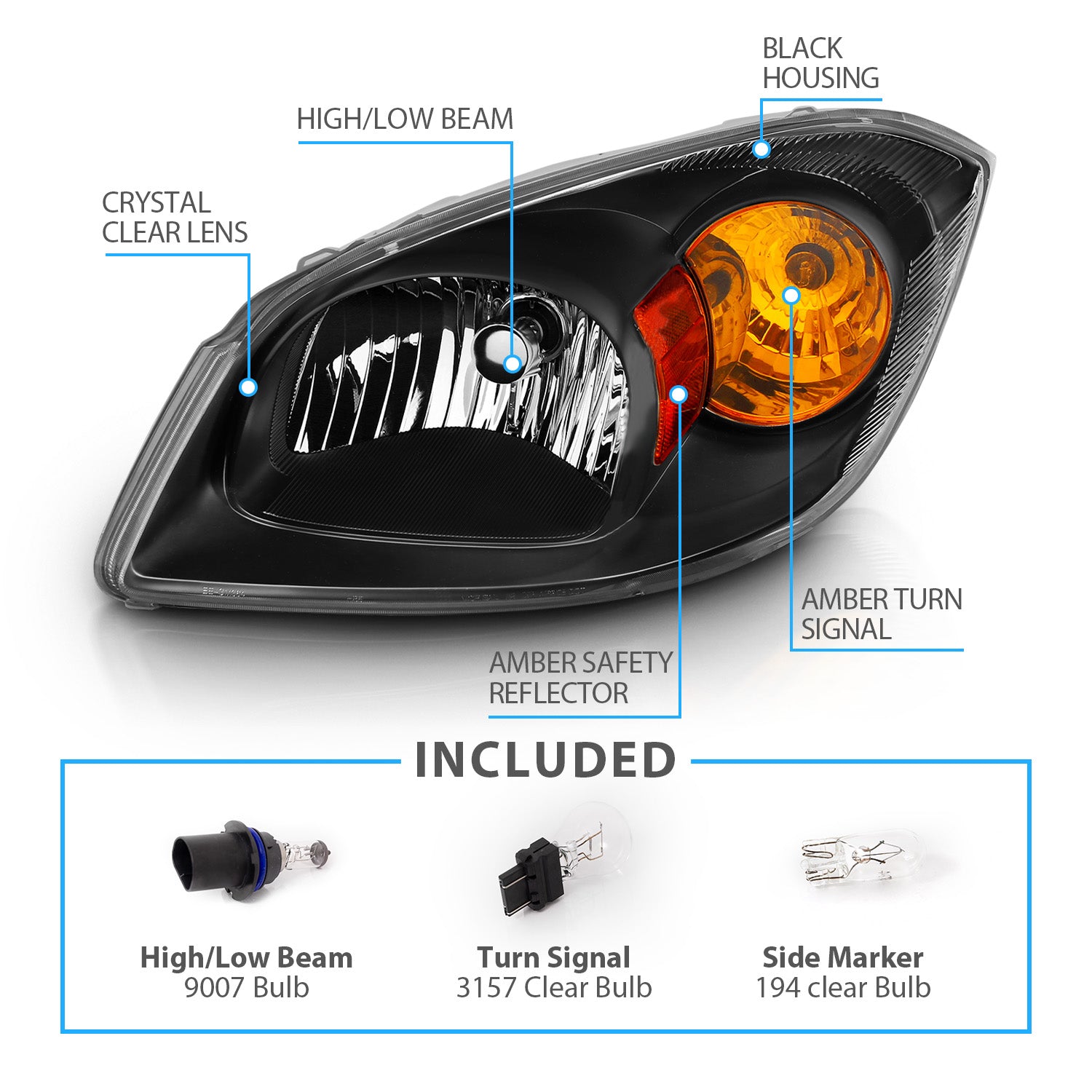 CHEVY COBALT 05-10 HEADLIGHTS 2/4DR BLACK (BASE, LS, LT, LTZ MODEL)