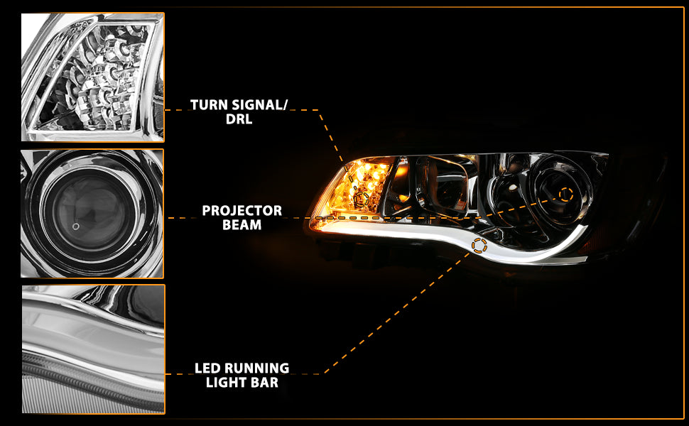 CHRYSLER 300 11-UP PROJECTOR LIGHT BAR STYLE HEADLIGHTS CHROME CLEAR G2 AMBER