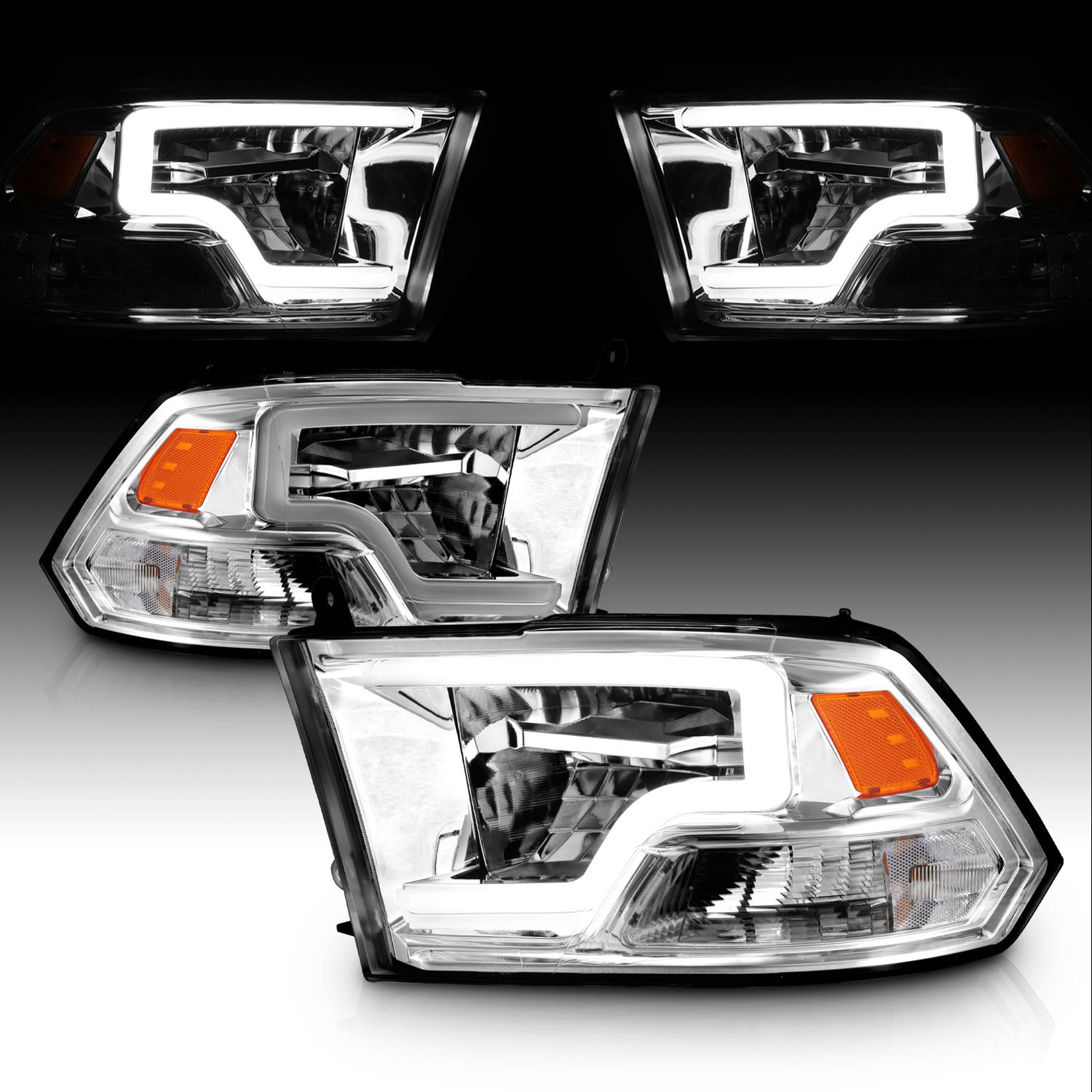 DODGE RAM 1500 09-20(W/O QUAD) / RAM 2500/3500 10-18 FULL LED HEADLIGHTS CHROME AMBER (LIGHT BAR)  (HALOGEN TYPE)