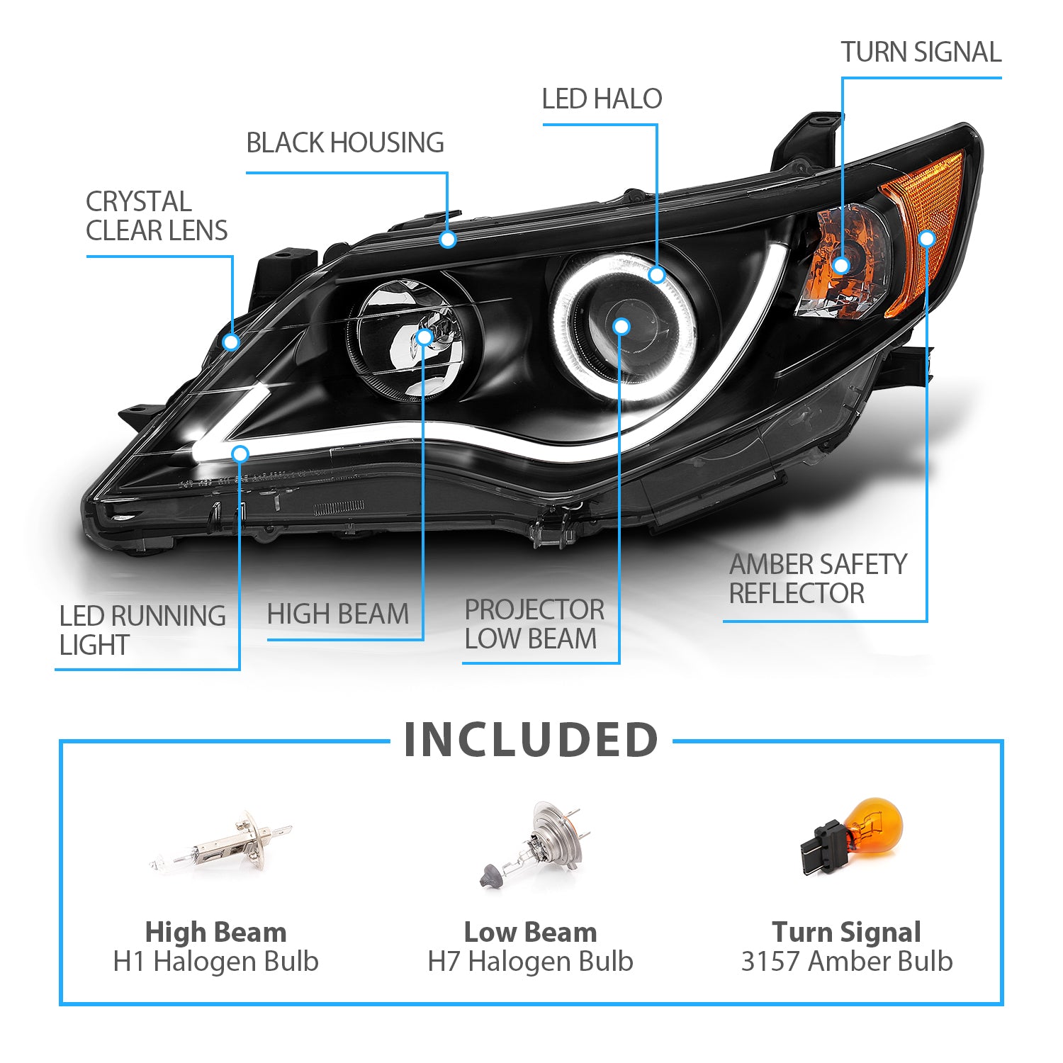 TOYOTA CAMRY 12-13 PROJECTOR HEADLIGHTS HALO BLACK CLEAR AMBER