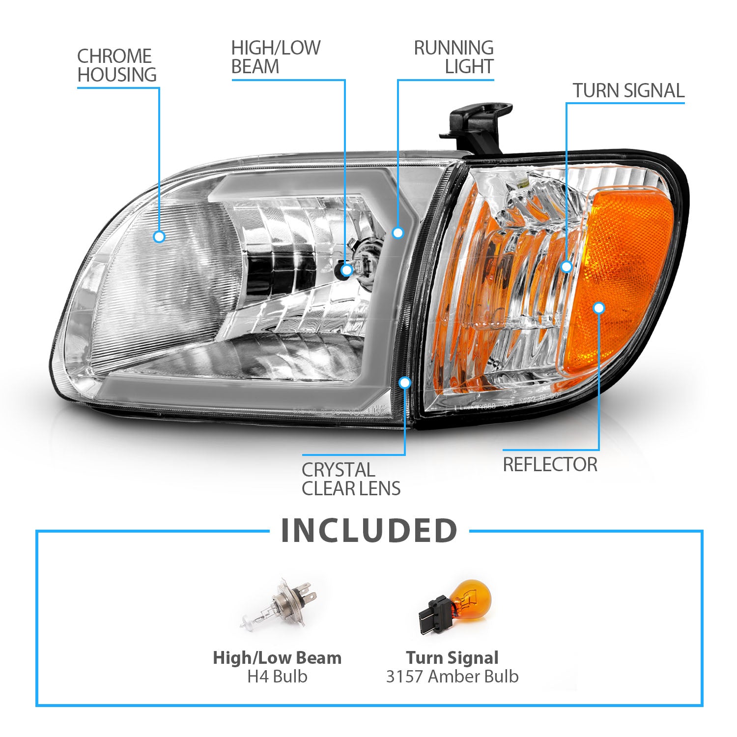 TOYOTA TUNDRA 00-04 HEADLIGHTS CHROME AMBER W/ C LIGHT BAR  W/CORNER LIGHTS (REGULAR CAB, ACCESS CAB)