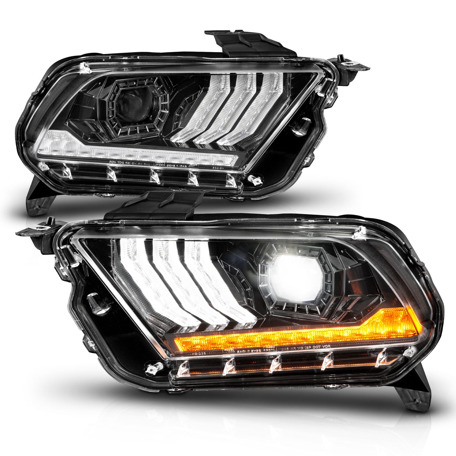 AmeriLite for 2010-2014 Ford Mustang [Full LED] Sequential Tube Projector Black Replacement Headlights Pair - Passenger and Driver Side