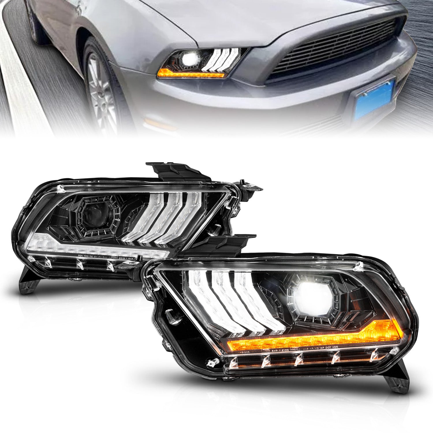 AmeriLite for 2010-2014 Ford Mustang [Full LED] Sequential Tube Projector Black Replacement Headlights Pair - Passenger and Driver Side