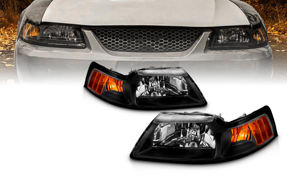 FORD MUSTANG 99-04 CRYSTAL HEADLIGHTS BLACK AMBER