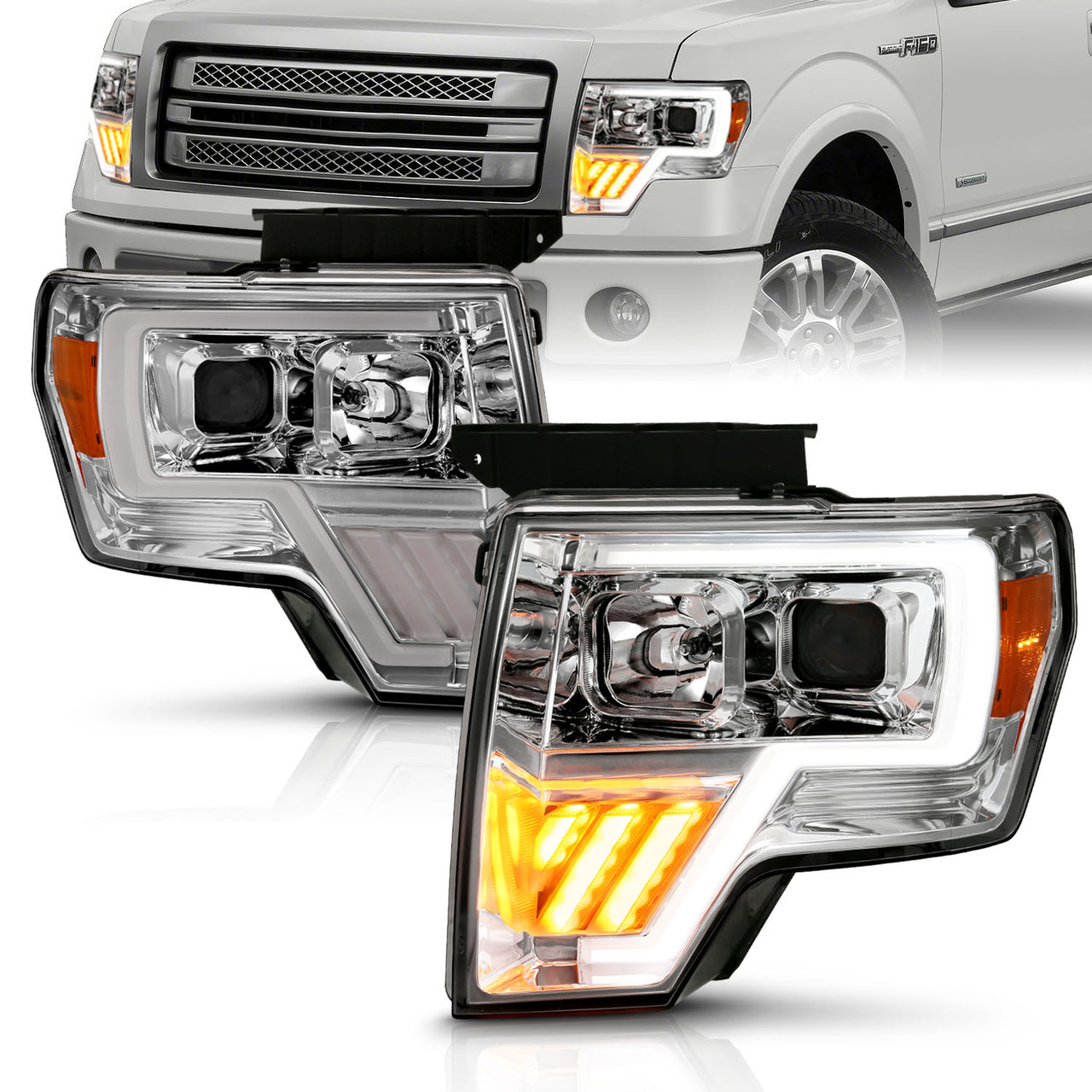 FORD F-150 09-13 PROJECTOR LIGHT BAR STYLE HEADLIGHTS G4 CHROME AMBER