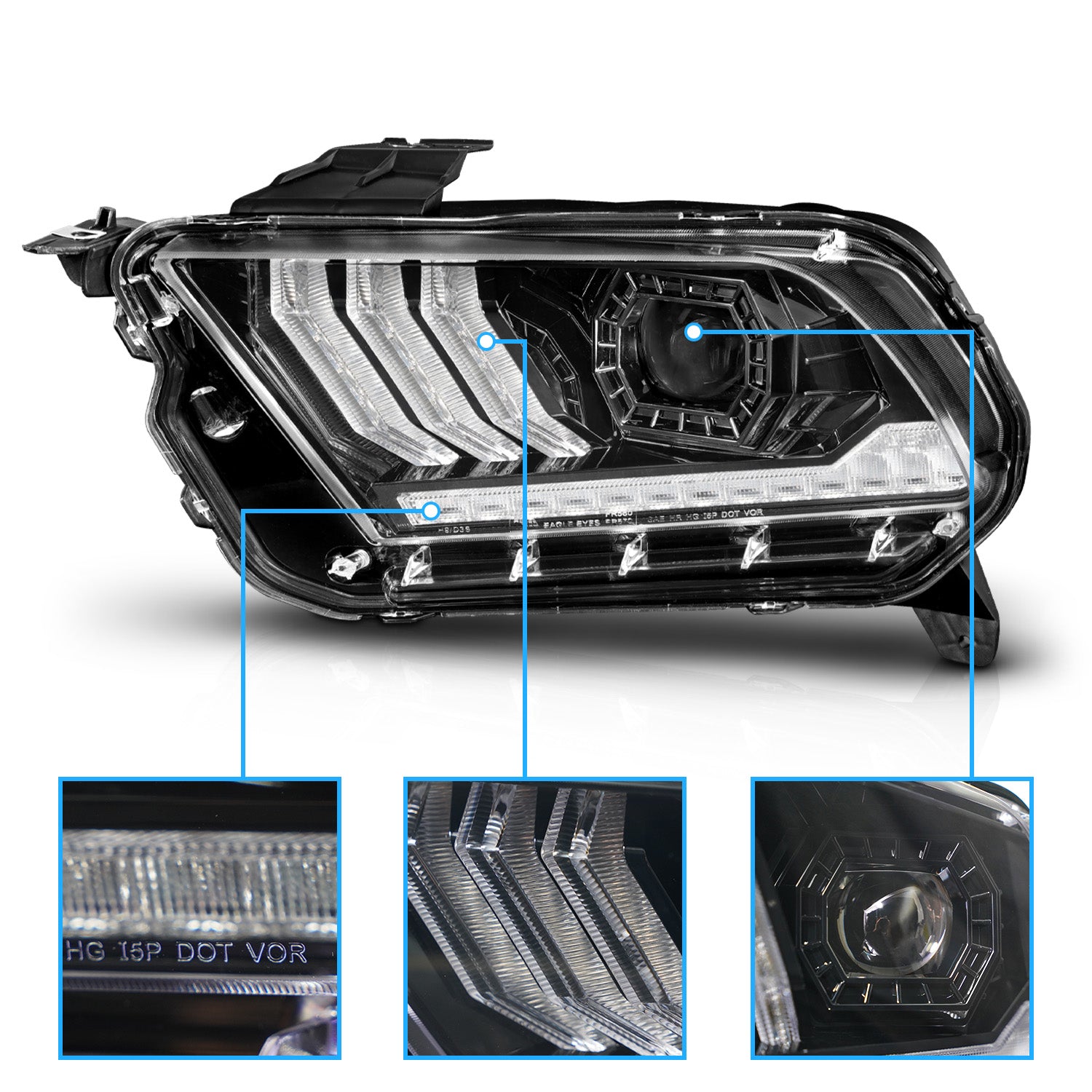 AmeriLite for 2010-2014 Ford Mustang [Full LED] Sequential Tube Projector Black Replacement Headlights Pair - Passenger and Driver Side