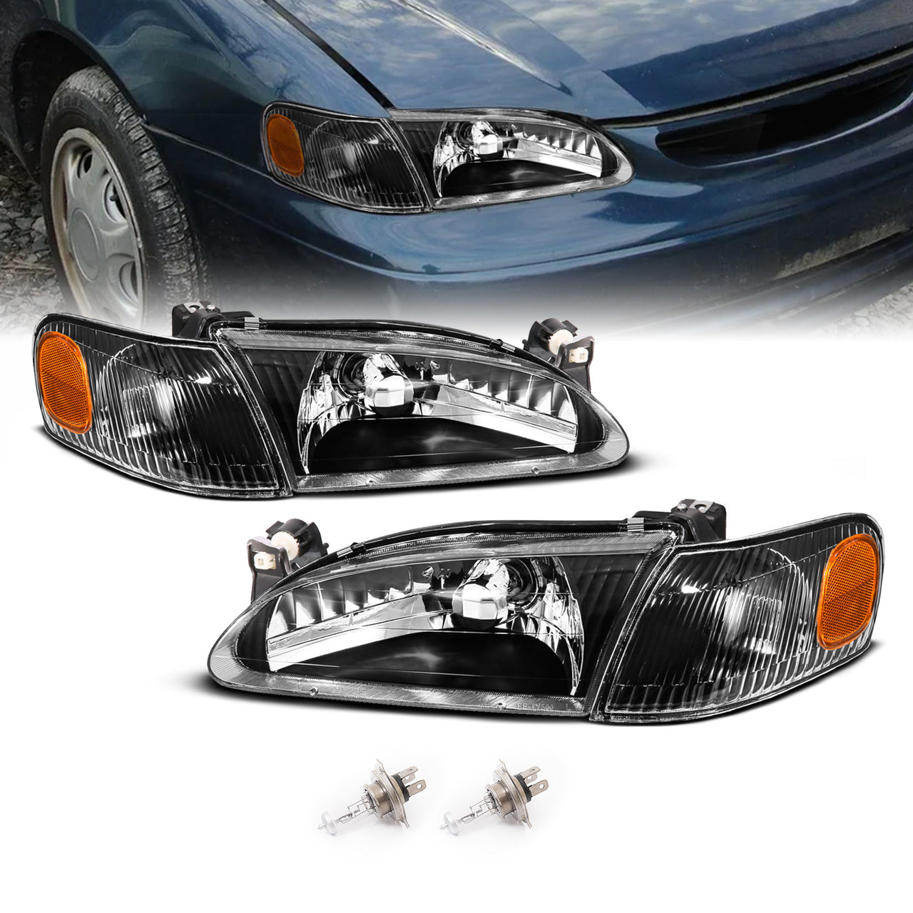 TOYOTA COROLLA 98-00 CRYSTAL HEADLIGHTS BLACK AMBER W/ CORNER LIGHTS