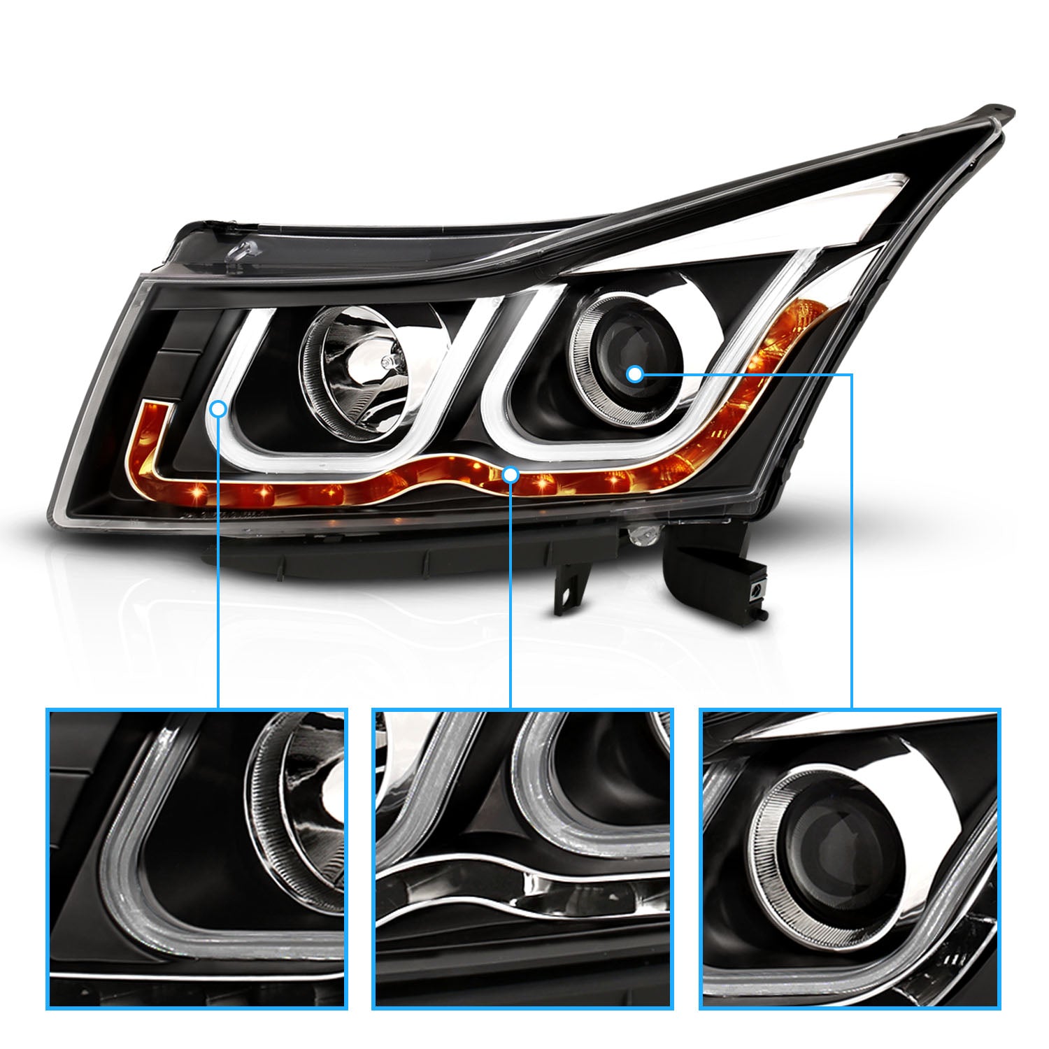 CHEVY CRUZE 2011 PROJECTOR HEADLIGHTS LIGHT BAR STYLE BLACK CLEAR