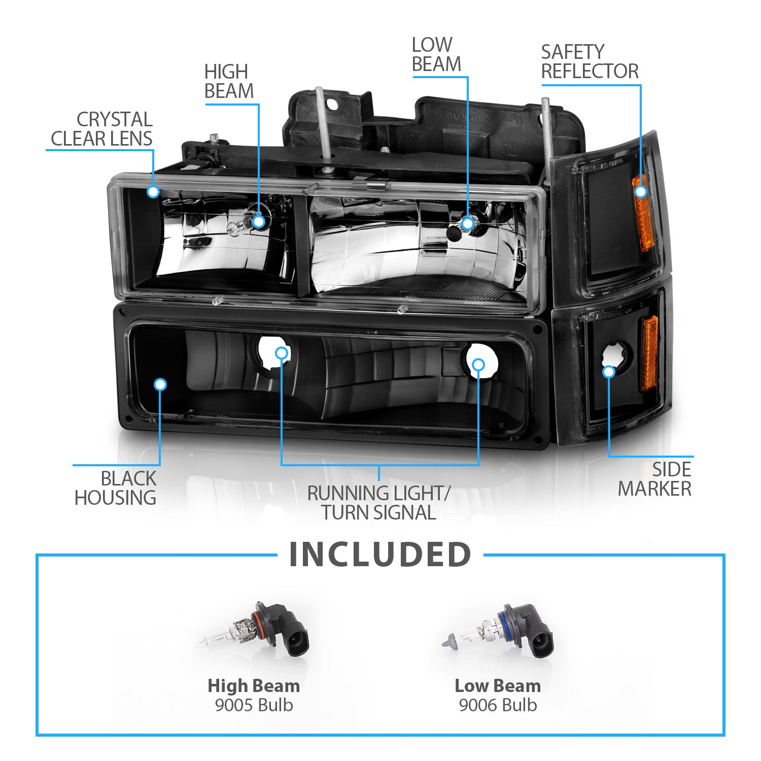 CHEVY CK / C10 /SILVERADO/ TAHOE / SUBURBAN/BLAZER 94-98 CRYSTAL HEADLIGHTS BLACK W/ SIGNAL & SIDE MARKERS AMBER (8PCS)