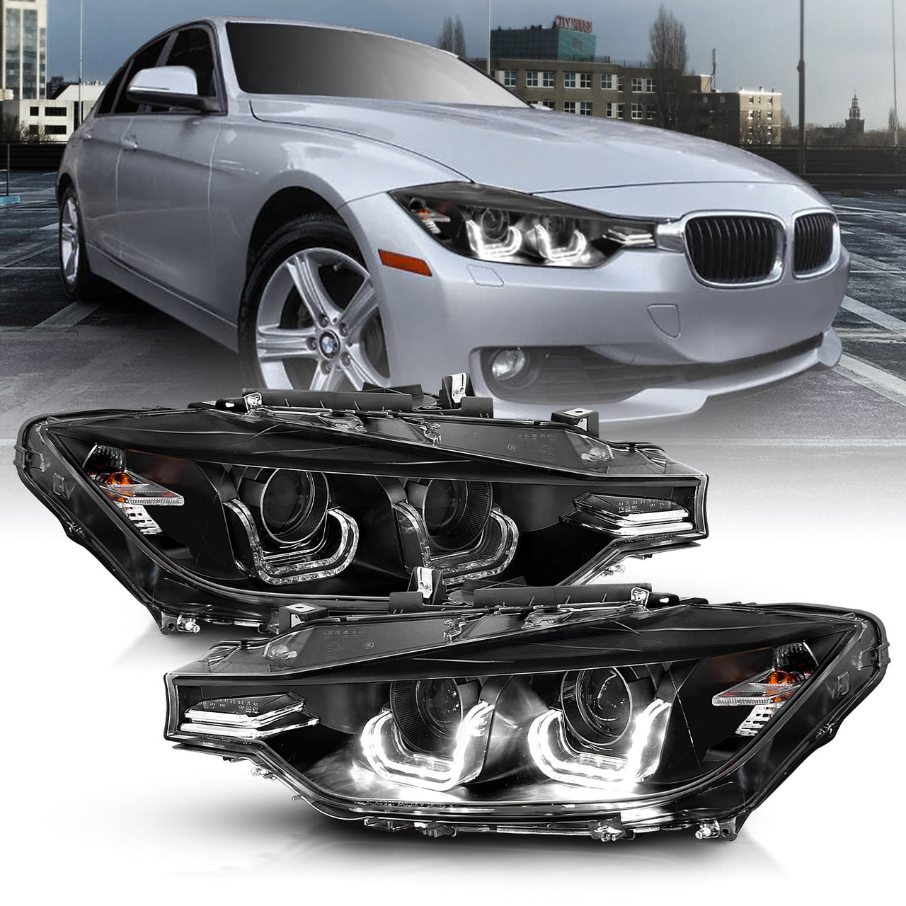 BMW 3 SERIES F30 12-14 4DR PROJECTOR U-BAR STYLE HEADLIGHTS HALO BLACK CLEAR (ONLY FITS W/O MOTOR VERSION)
