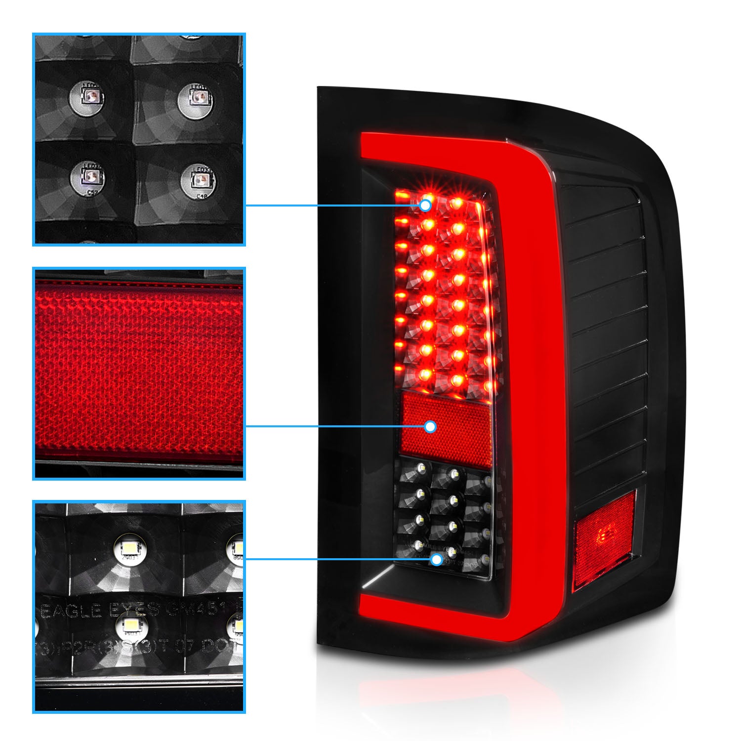 CHEVY SILVERADO 1500/2500/3500 07-10/HYBRID 09/GMC SIERRA 07-09 LED TAIL LIGHTS G5  BLACK HOUSING CLEAR LENS (W/ WHITE LIGHT BAR)