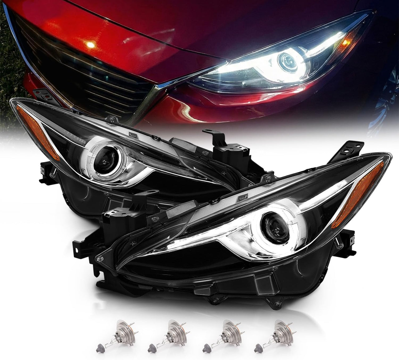 MAZDA 3 14-15 4DR PROJECTOR HEADLIGHTS WHITE PLUS LED HALO BLACK AMBER