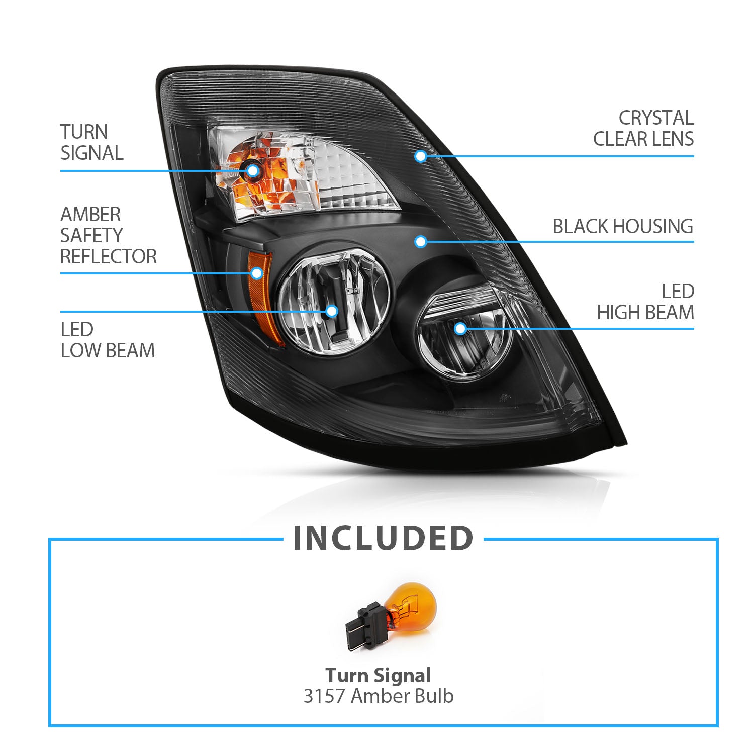 VOLVO VNX/VLN  15-16  LED H.L BLACK AMBER  (RIGHT) (VNX 300,430, 630/VNL 300,430,630,670,730,780)