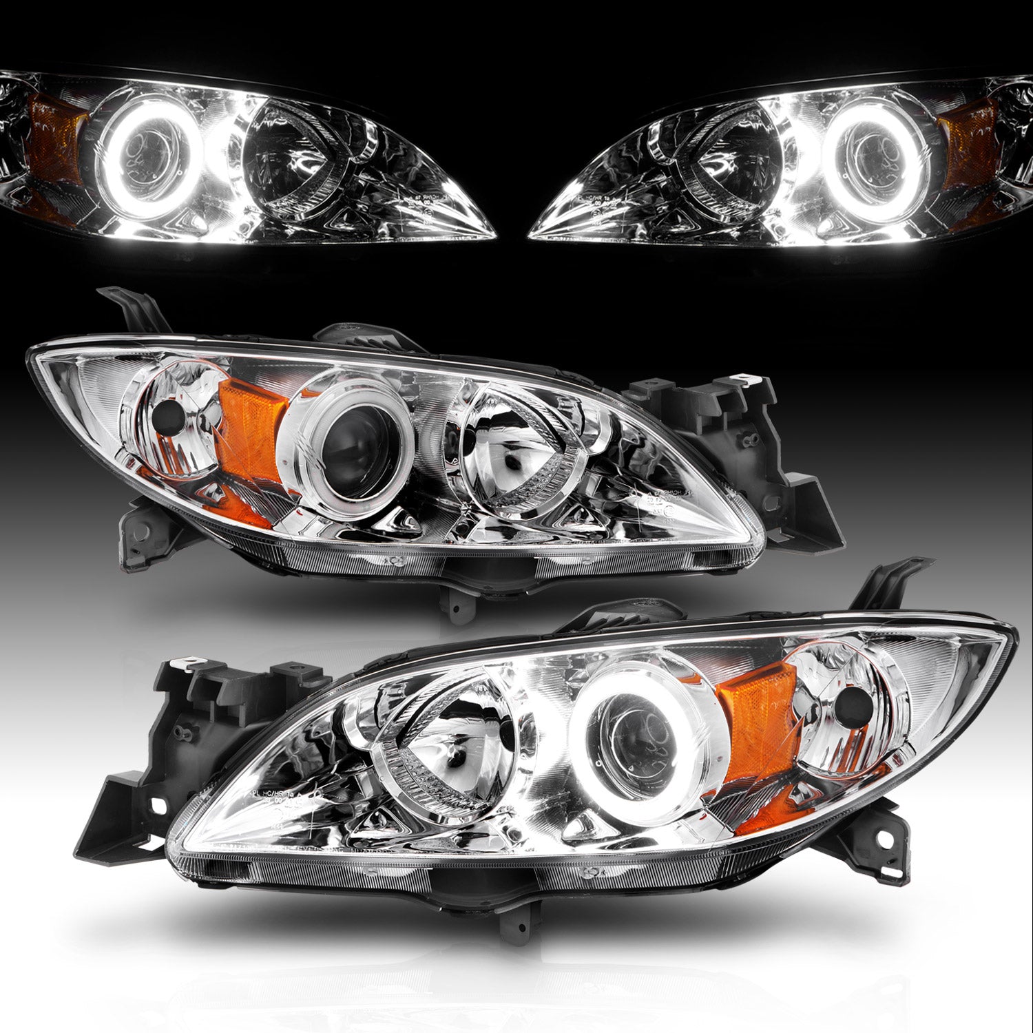 MAZDA 3 04-07 4DR PROJECTOR HEADLIGHTS HALO CHROME CLEAR AMBER (RX HALO)