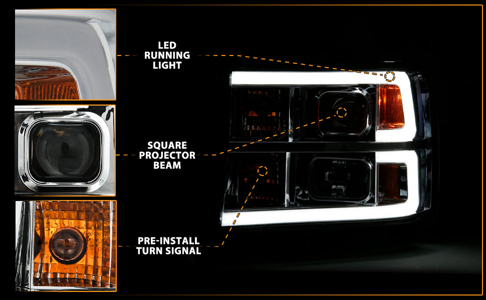 GMC SIERRA 07-10/1500 HYBRID 09-10 PROJECTOR LIGHT BAR STYLE HEADLIGHTS CHROME CLEAR AMBER
