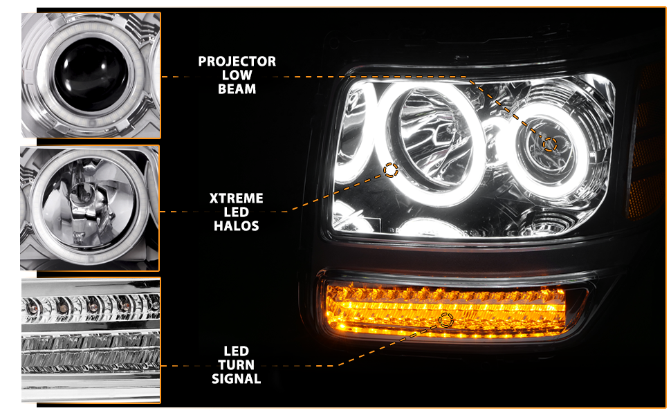 DODGE NITRO 07-08 PROJECTOR HEADLIGHTS G2 HALO CHROME CLEAR AMBER W/ LED (RX HALO)