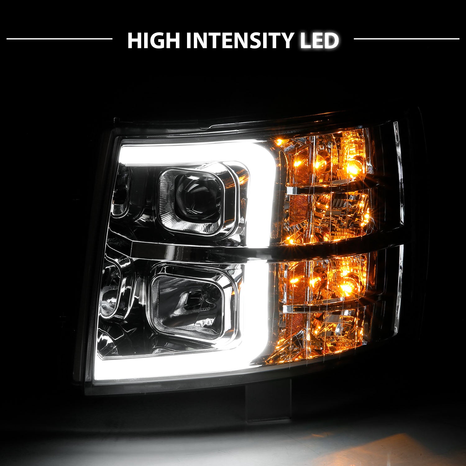 CHEVY SILVERADO 1500/2500/3500 07-13/1500 HYBRID 09-13 LIGHT BAR STYLE HEADLIGHTS CHROME AMBER