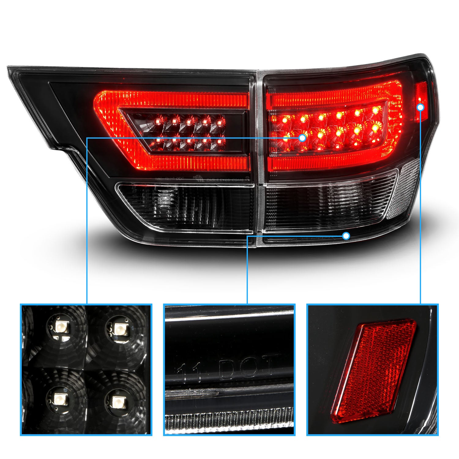 JEEP GRAND CHEROKEE 11-13 LED TAIL LIGHTS 4PCS BLACK HOUSING CLEAR LENS W/ C LIGHT BAR
