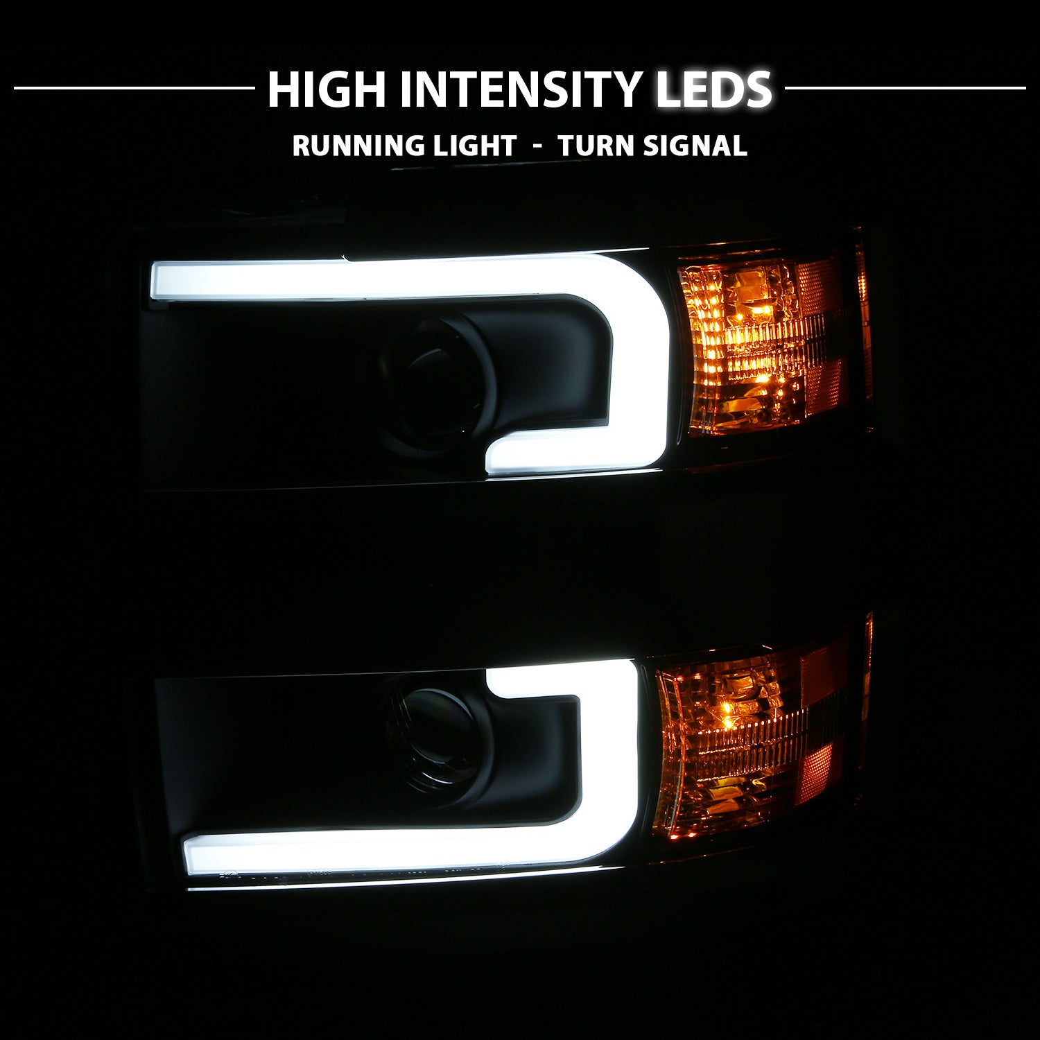 CHEVY SILVERADO 2500HD/3500HD 15-17 PROJECTOR LIGHT BAR STYLE HEADLIGHTS BLACK AMBER (CHROME RIM)
