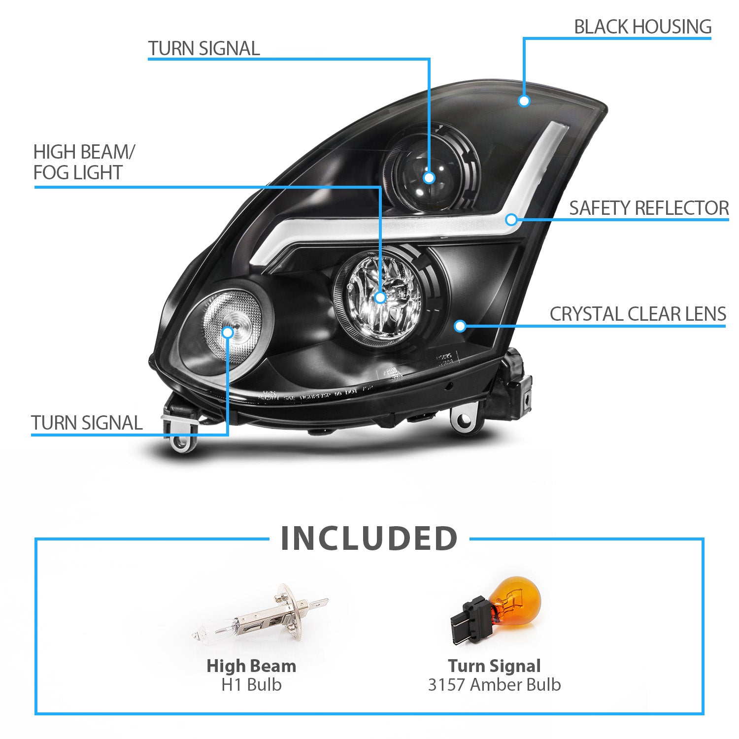 INFINITI G35 03-07 2DR H.L BLACK PROJECTOR CLEAR HALO(HID COMPATIBLE& SUPER WHITE)