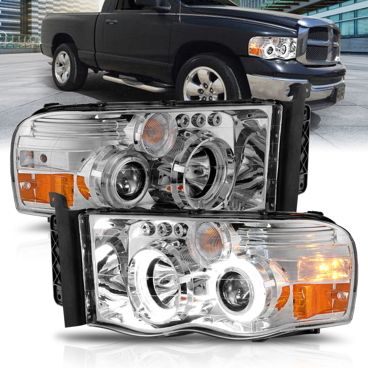 DODGE RAM 1500 02-05 - 2500/3500 03-05 PROJECTOR H.L HALO CHROME CLEAR AMBER