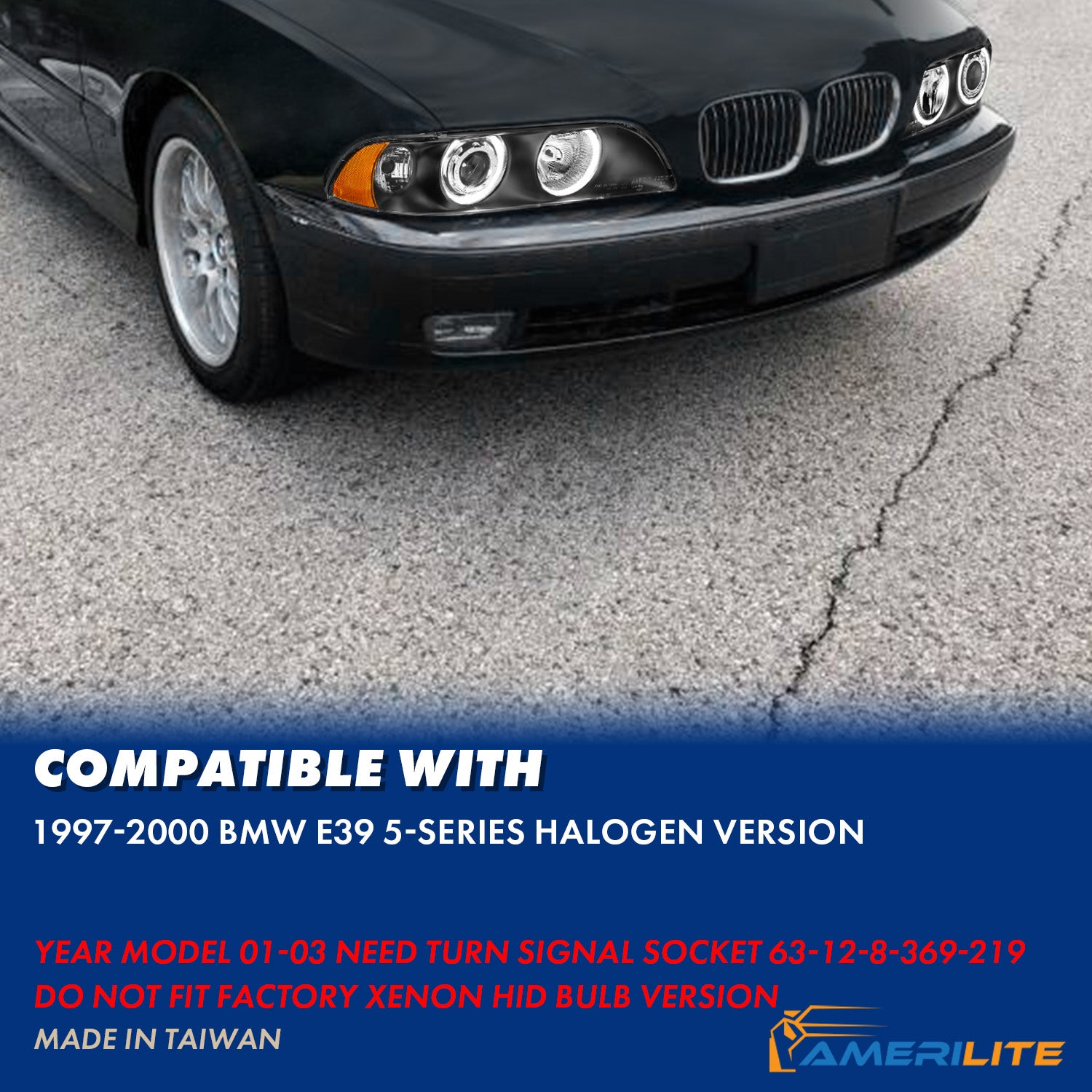 BMW 5 SERIES E39 95-01 PROJECTOR HEADLIGHTS HALO BLACK CLEAR AMBER