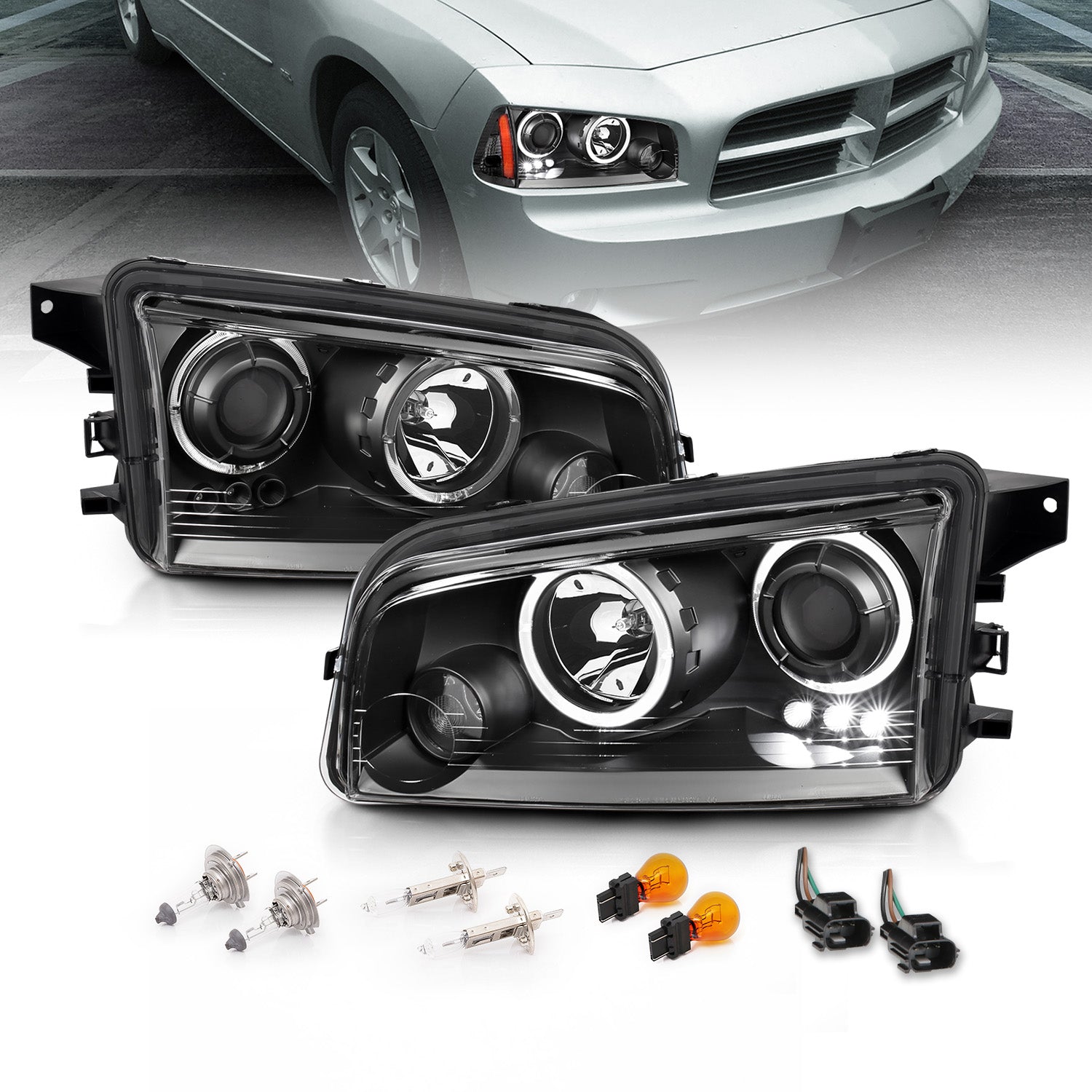 DODGE CHARGER 06-08 PROJECTOR HEADLIGHTS HALO BLACK CLEAR