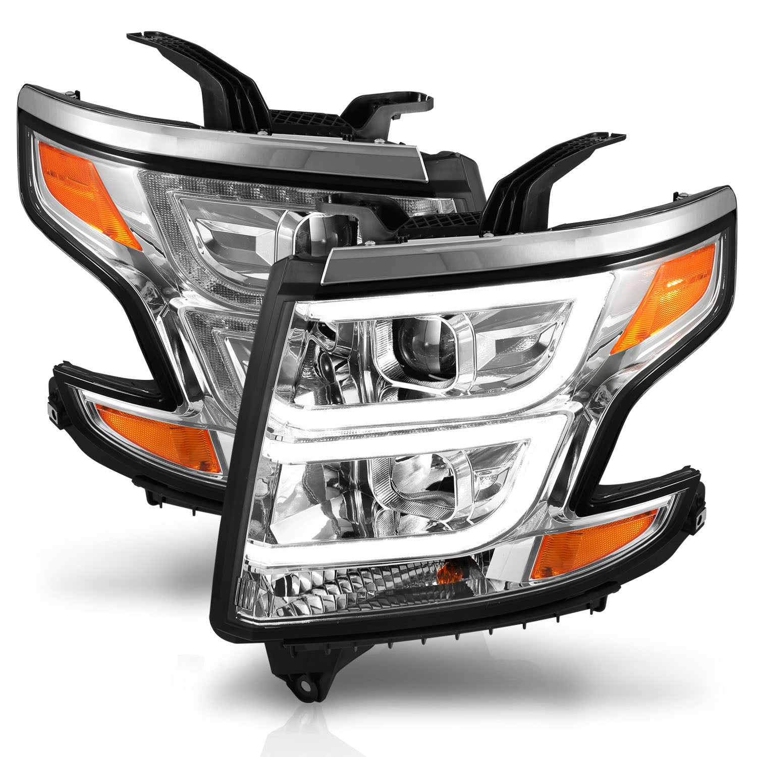 CHEVY TAHOE/SUBURBAN 15-19 PROJECTOR LIGHT BAR STYLE HEADLIGHTS CHROME AMBER (W/ DRL)