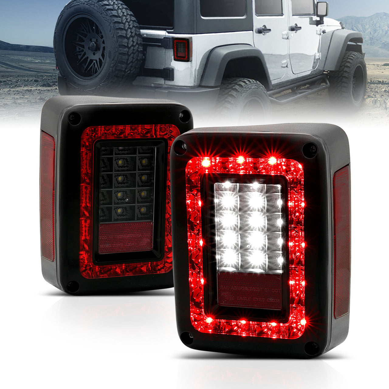 JEEP WRANGLER 07-10 LED TAIL LIGHTS G2 BLACK (RED/SMOKE LENS)