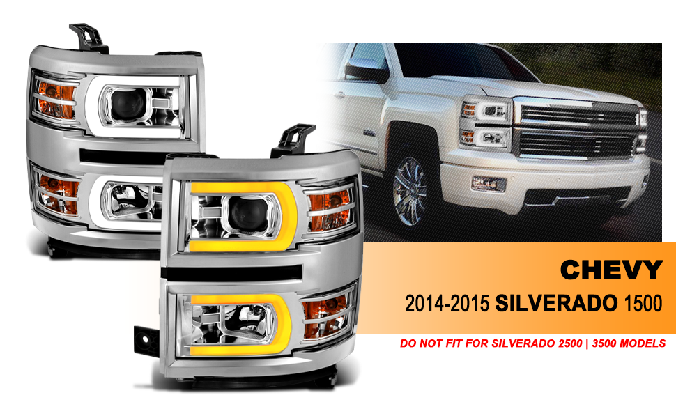 CHEVY SILVERADO 14-15 PROJECTOR SWITCHBACK HEADLIGHTS CHROME AMBER