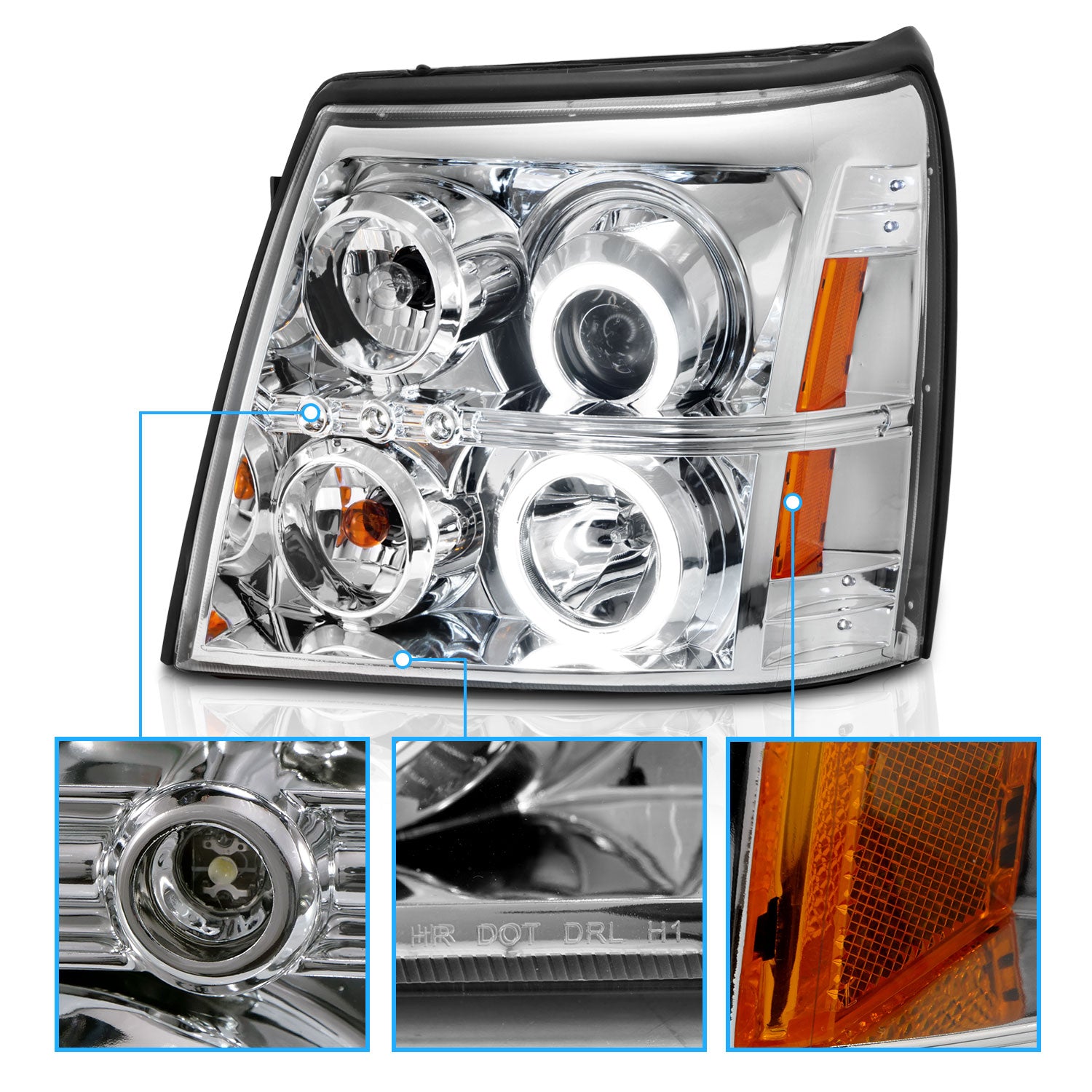 CADILLAC ESCALADE 03-06/ESCALADE ESV 03-06 PROJECTOR HEADLIGHTS HALO CHROME CLEAR AMBER (OEM HID COMPATIBLE) (RX HALO)