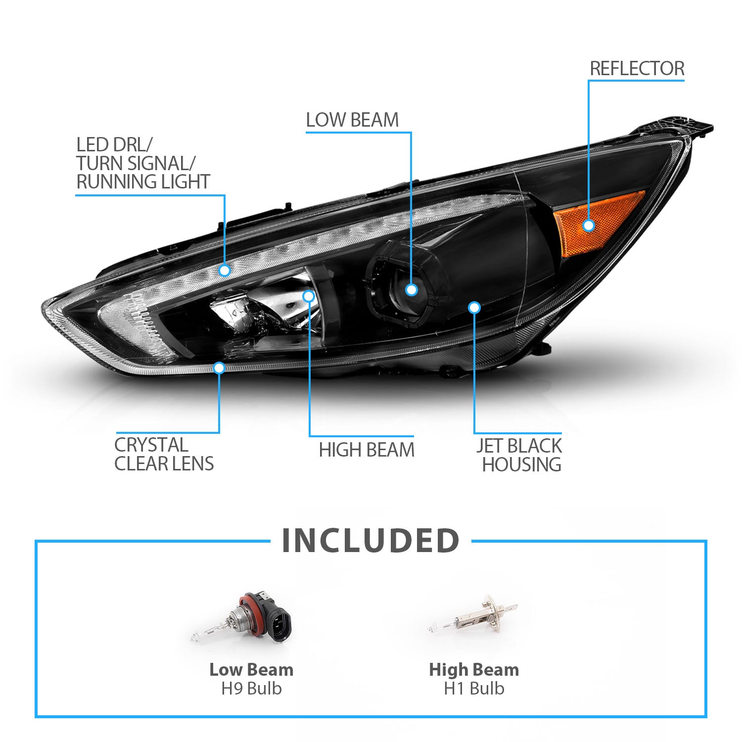 FORD FOCUS 15-18 PROJECTOR SWITCHBACK HEADLIGHTS BLACK AMBER W/DRL (FIT FOR HALOGEN VERSION)