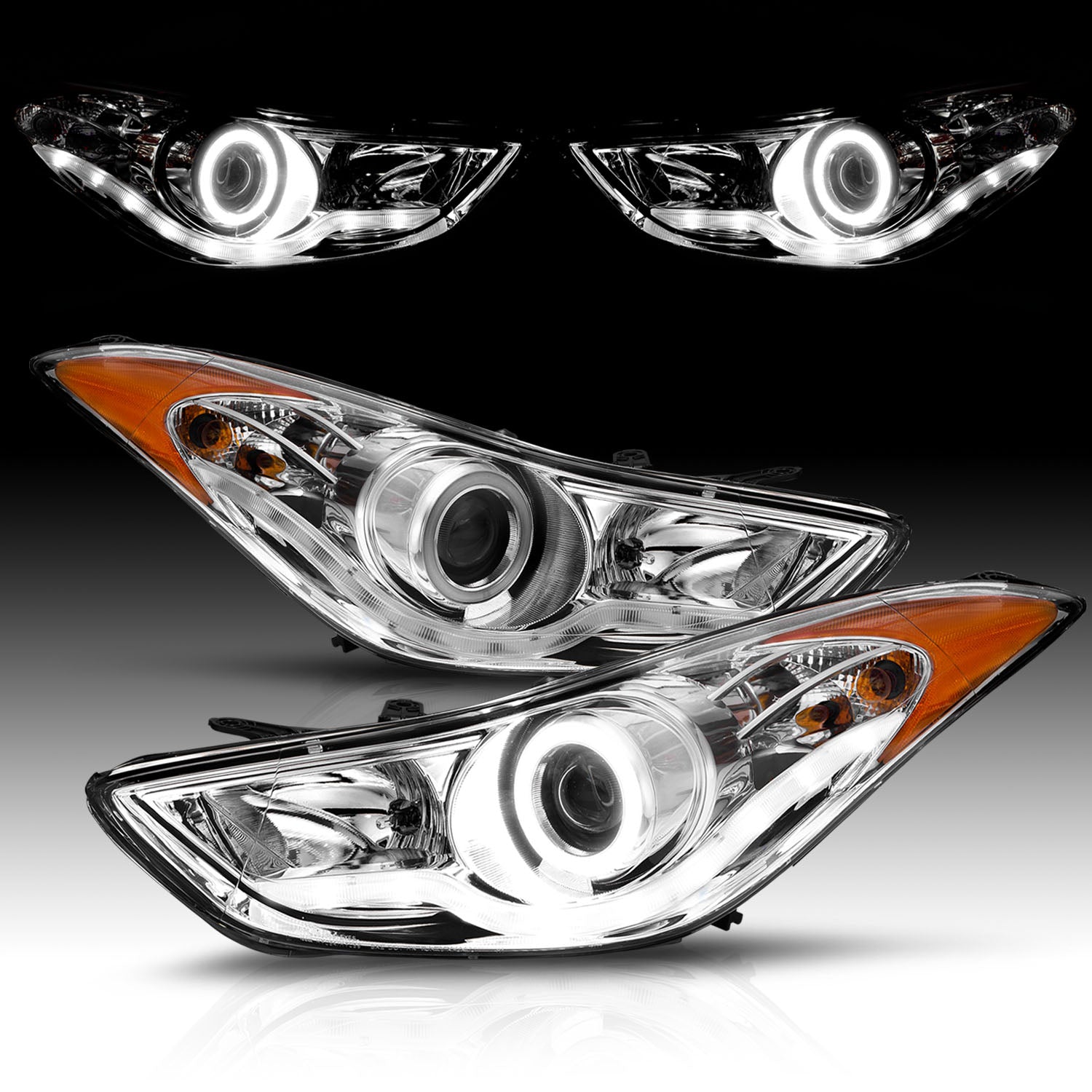 HYUNDAI ELANTRA 11-13 PROJECTOR HEADLIGHTS HALO CHROME CLEAR AMBER (RX HALO)