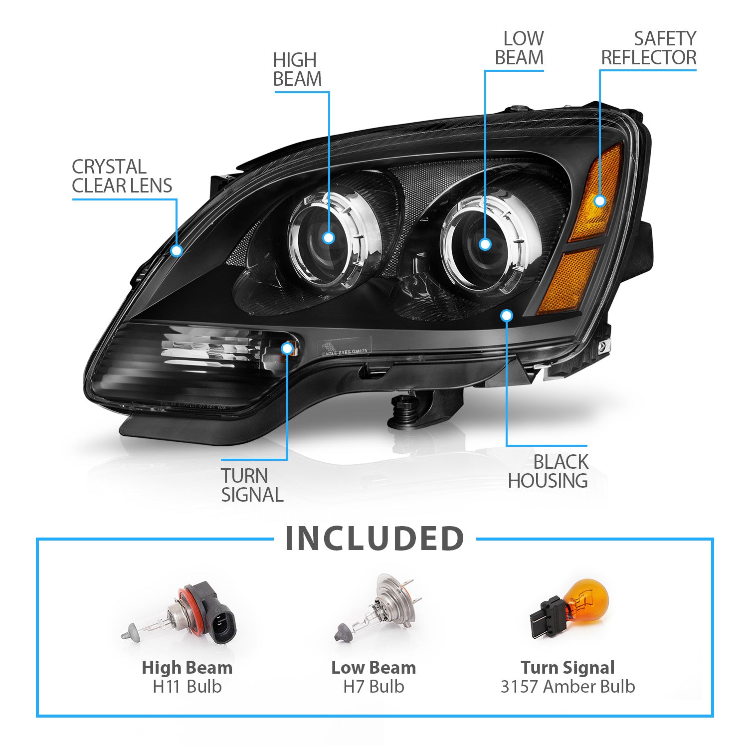 GMC ACADIA 07-12 PROJECTOR HEADLIGHTS BLACK AMBER (OE STYLE)