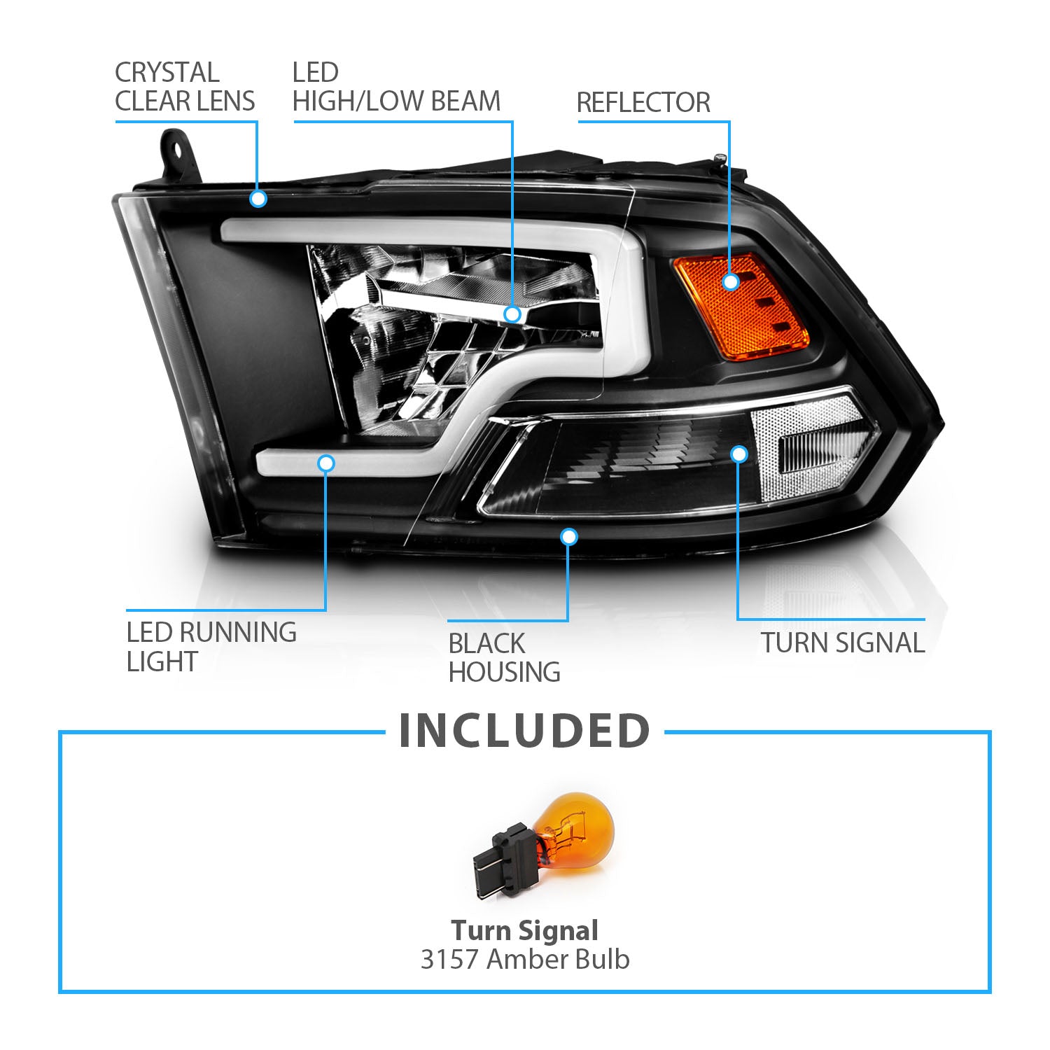 DODGE RAM 1500 09-20(W/O QUAD) / RAM 2500/3500 10-18 FULL LED HEADLIGHTS BLACK AMBER  (LIGHT BAR) (HALOGEN TYPE)