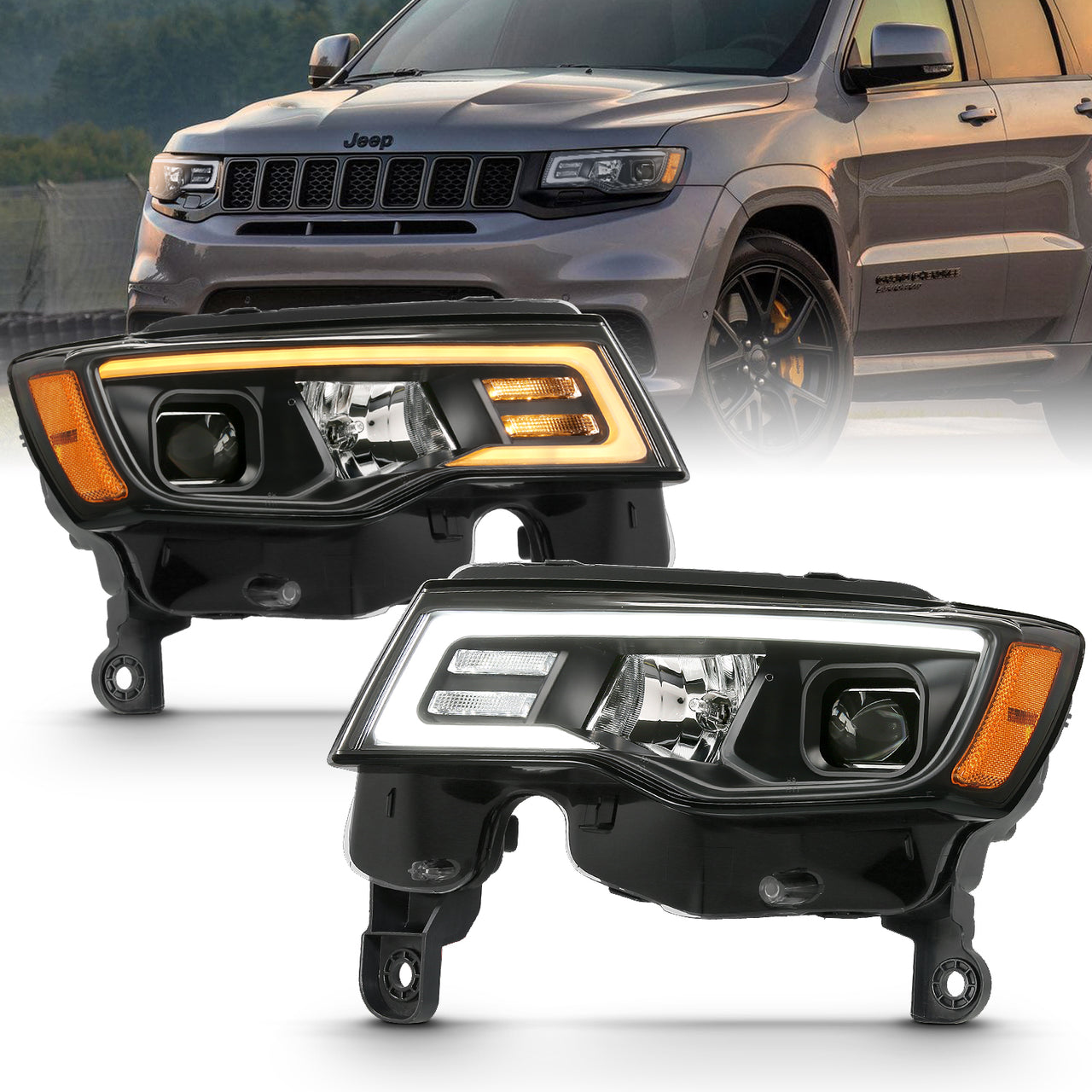 JEEP GRAND CHEROKEE 17-18 PROJECTOR LIGHT BAR STYLE SWITCHBACK HEADLIGHTS BLACK AMBER