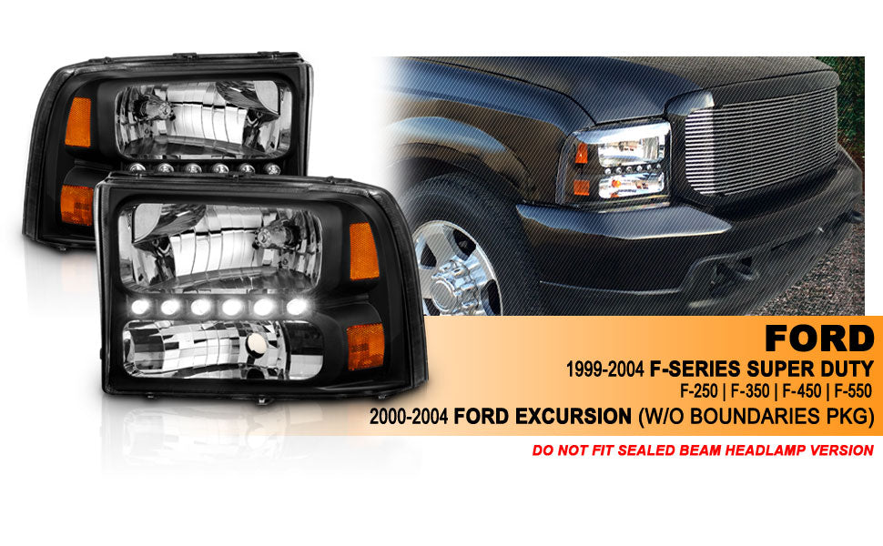 FORD EXCURSION 00-04/SUPER DUTY 99-04 HEADLIGHTS BLACK 1PC AMBER (W/ LED)