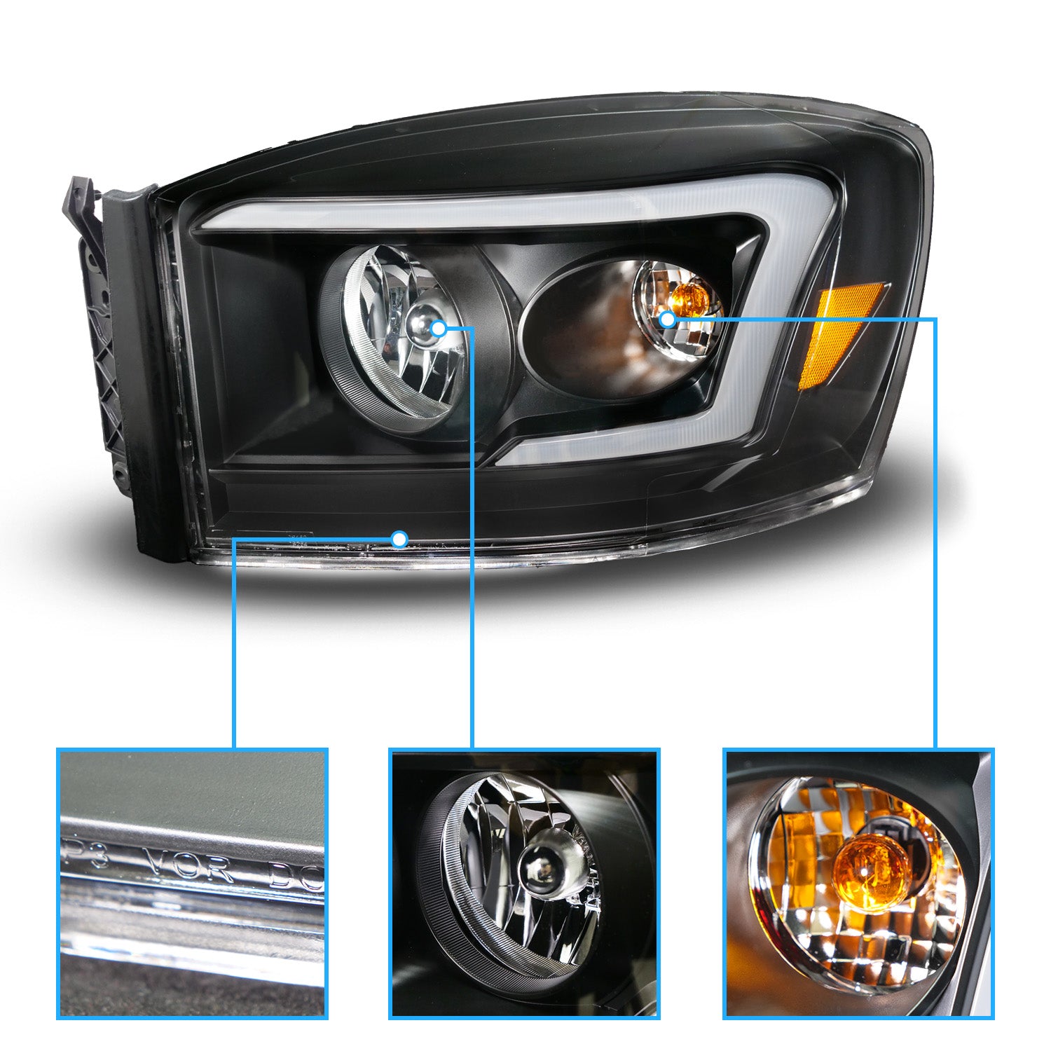 DODGE RAM 1500 06-08/ 2500/3500 06-09 BLACK HEADLIGHTS AMBER (W/ C LIGHT BAR)
